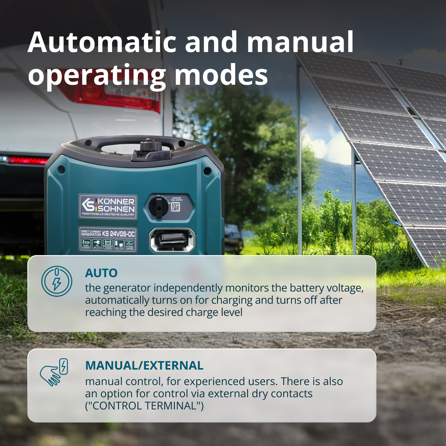 La imagen muestra un generador con modos automático y manual. Paneles solares y un vehículo en el fondo. El texto describe los modos.