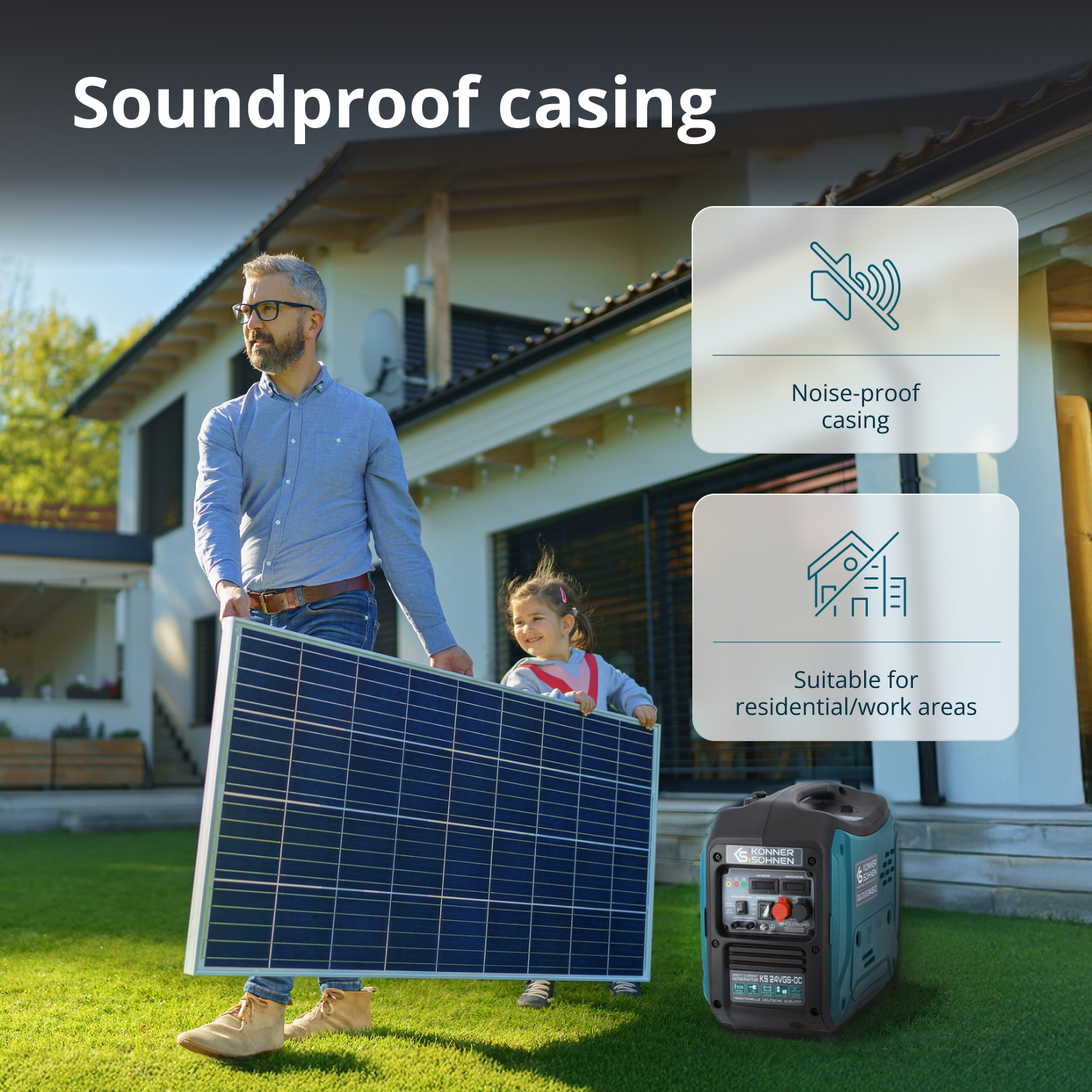 Ein Mann und ein Mädchen tragen ein Solarpanel. Auf dem Rasen steht ein Generator. Text: Schalldichte Gehäuse. Geräuschdichtes Gehäuse. Geeignet für Wohn-/Arbeitsbereiche.