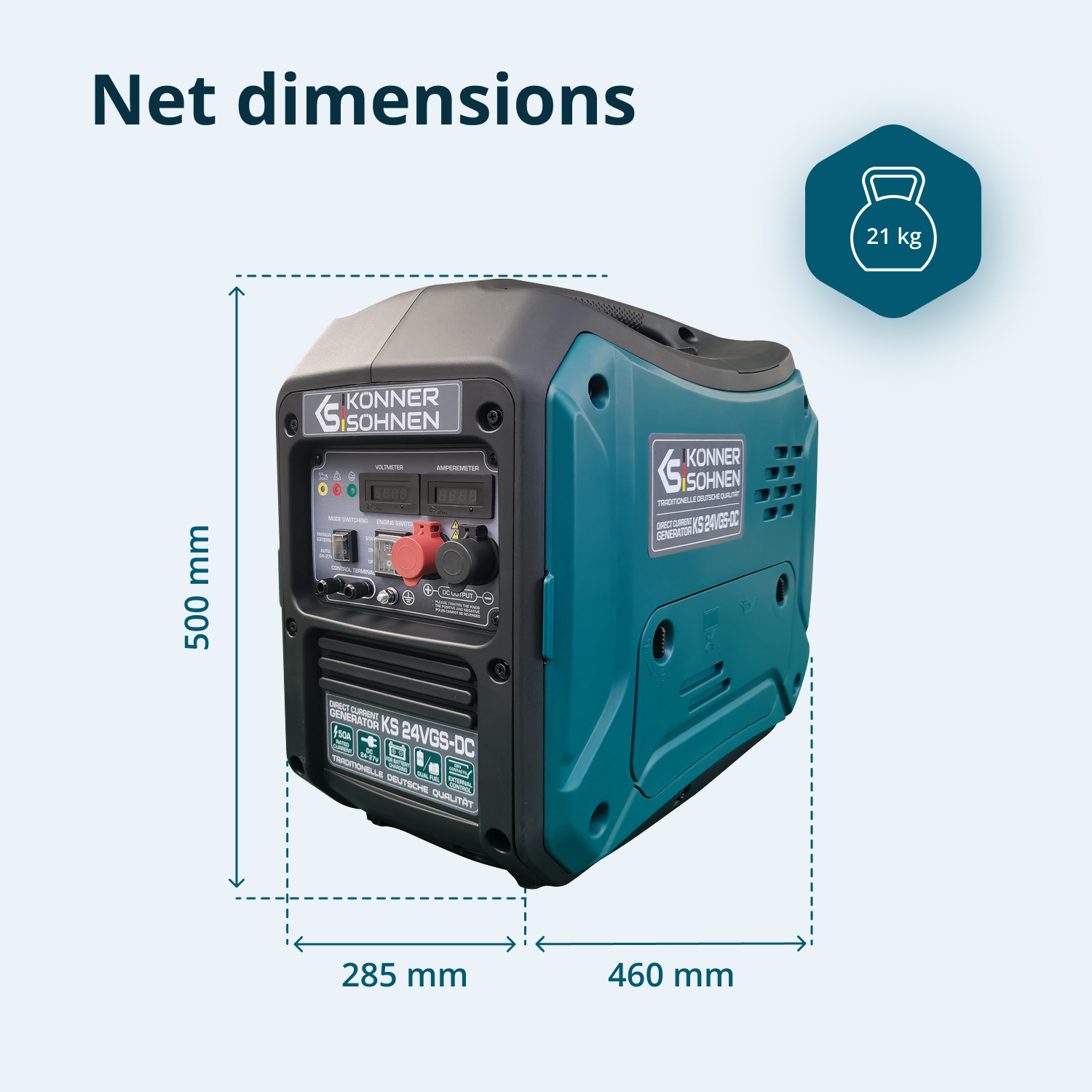 Ein türkisfarbener und schwarzer Generator mit den Abmessungen 500x460x285mm. Er hat ein Gewicht von 21 kg. Die Marke ist Konner & Sohnen.