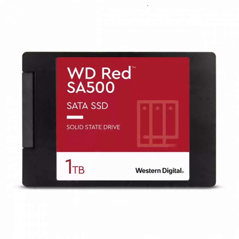 Czarny dysk SSD SATA WD Red SA500 z czerwoną etykietą. Zawiera tekst 'WD Red SA500 SATA SSD Solid State Drive 1TB Western Digital'.