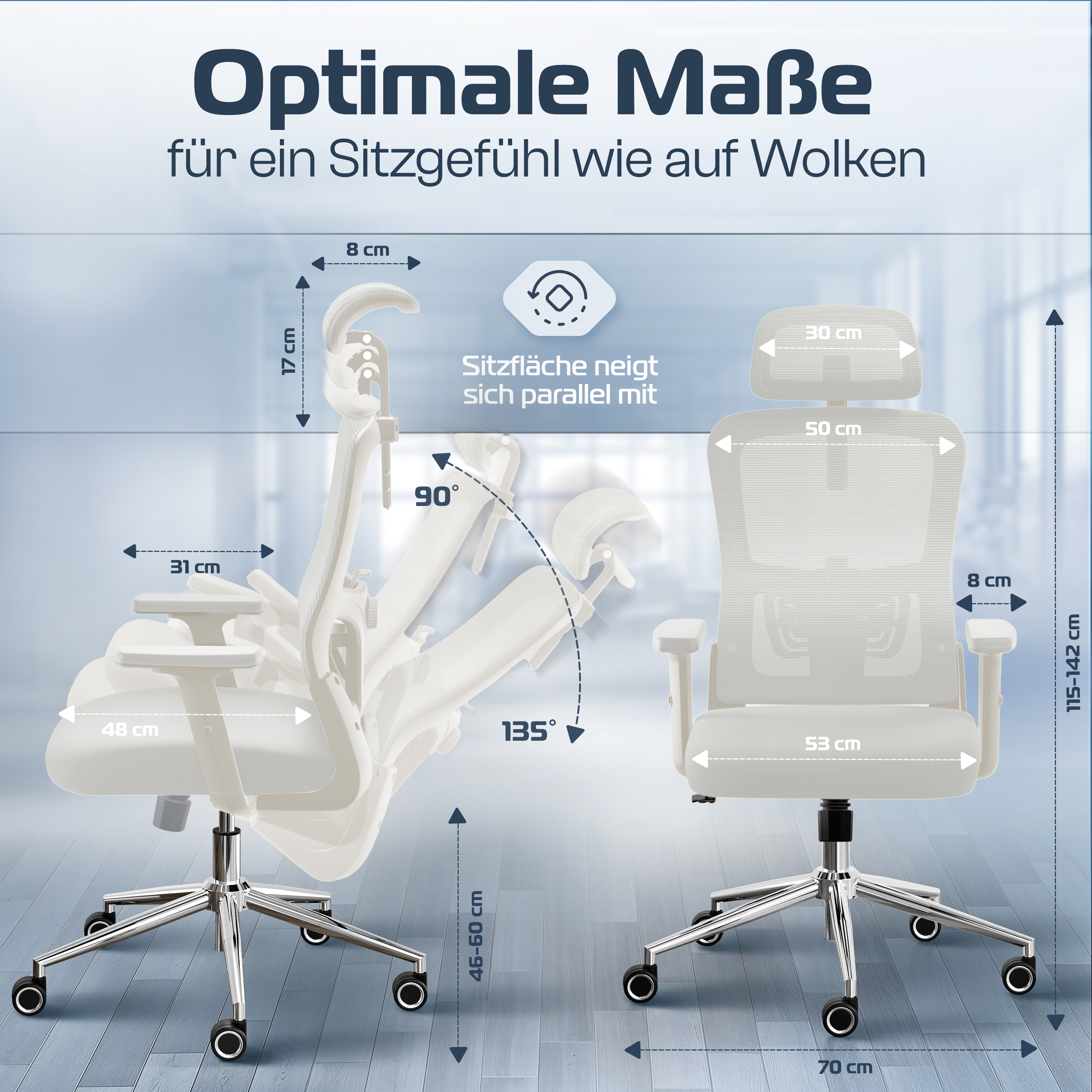 Diagramm eines Bürostuhls mit Maßen. Messungen umfassen Höhe, Breite und Einstellwinkel.