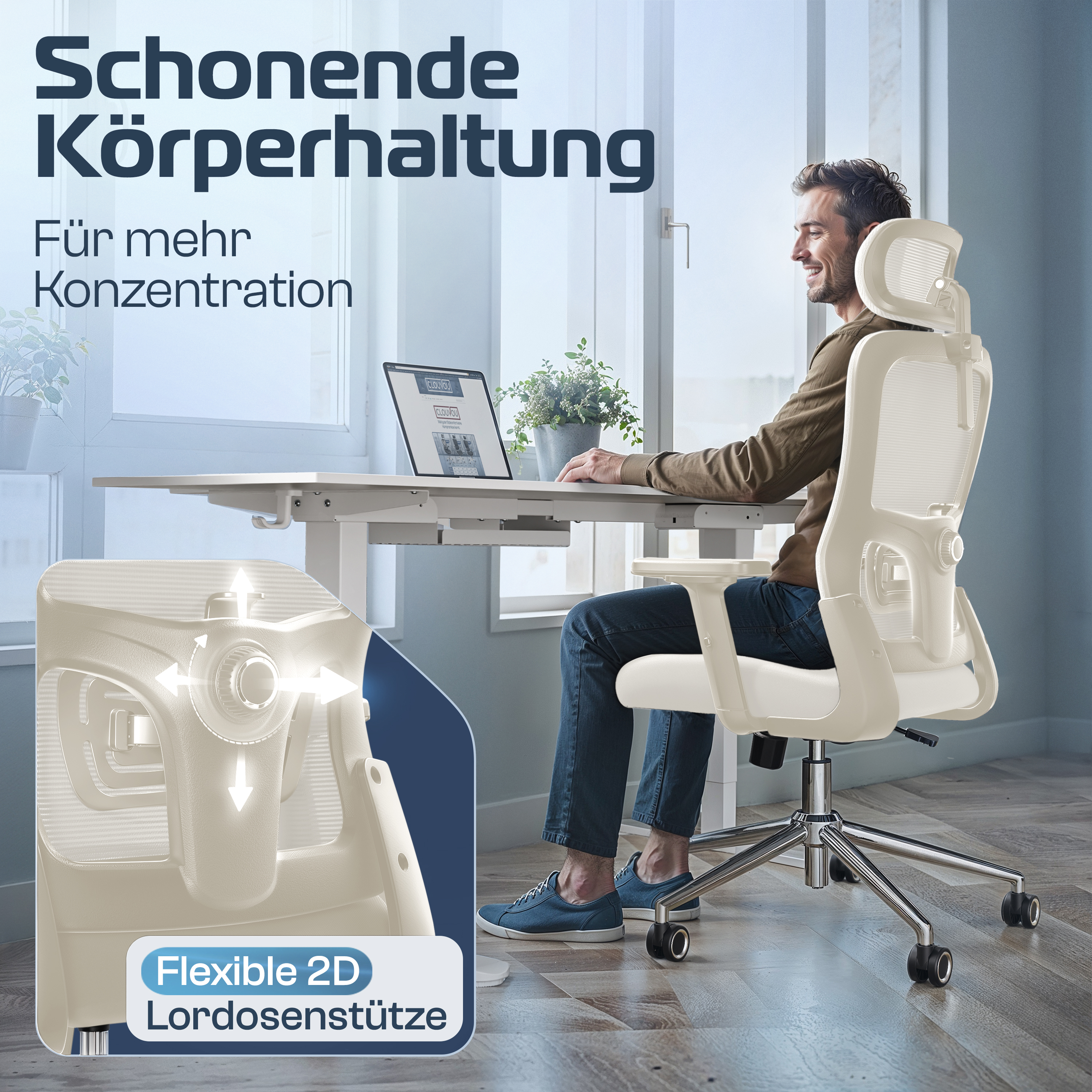 Ein Mann sitzt an einem Schreibtisch und benutzt einen Laptop in einem ergonomischen Bürostuhl. Text beschreibt 'gesunde Haltung'.