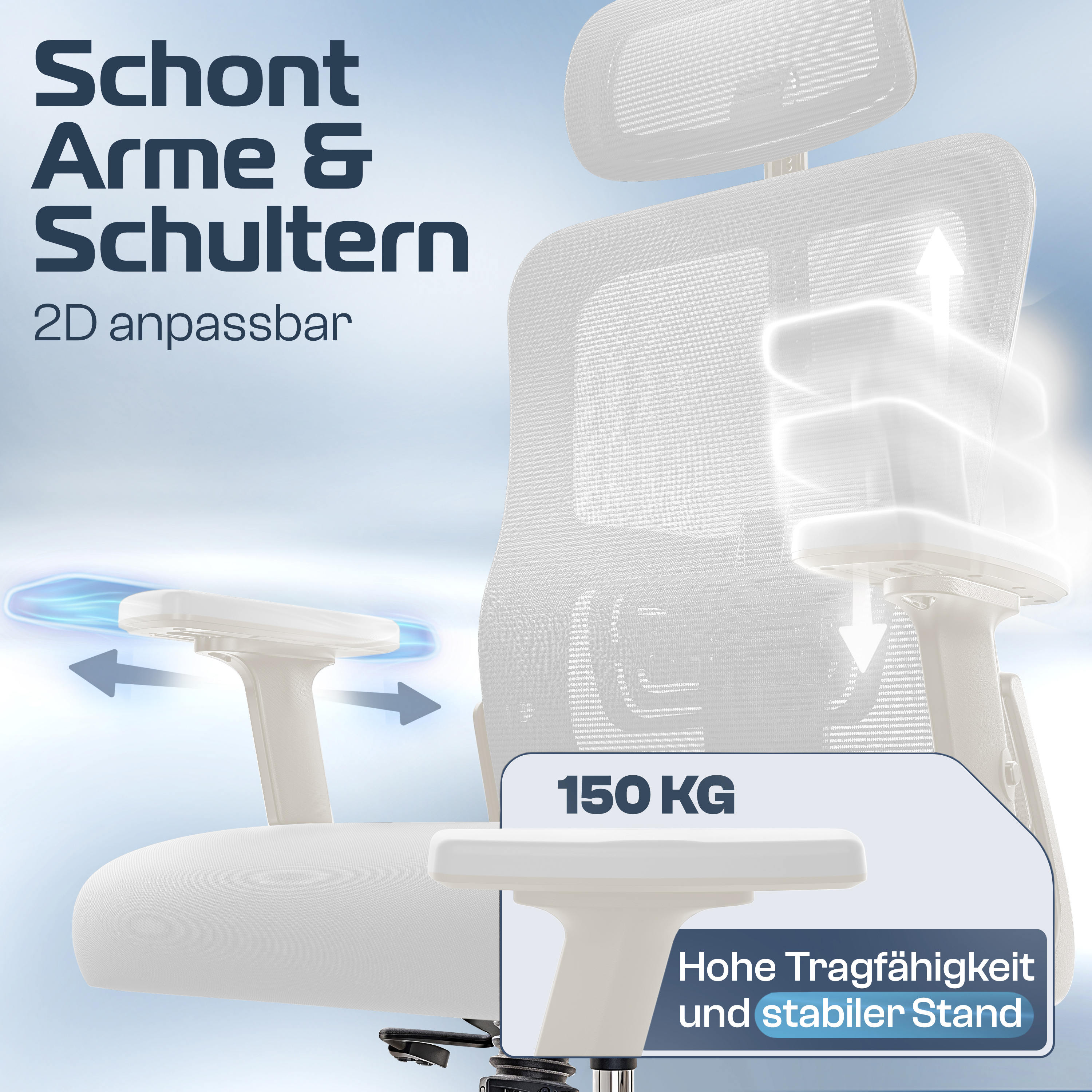 Ein Bürostuhl mit verstellbaren Armlehnen und Kopfstütze. Text auf dem Stuhl lautet '150 KG' und 'stabiler Stand'.