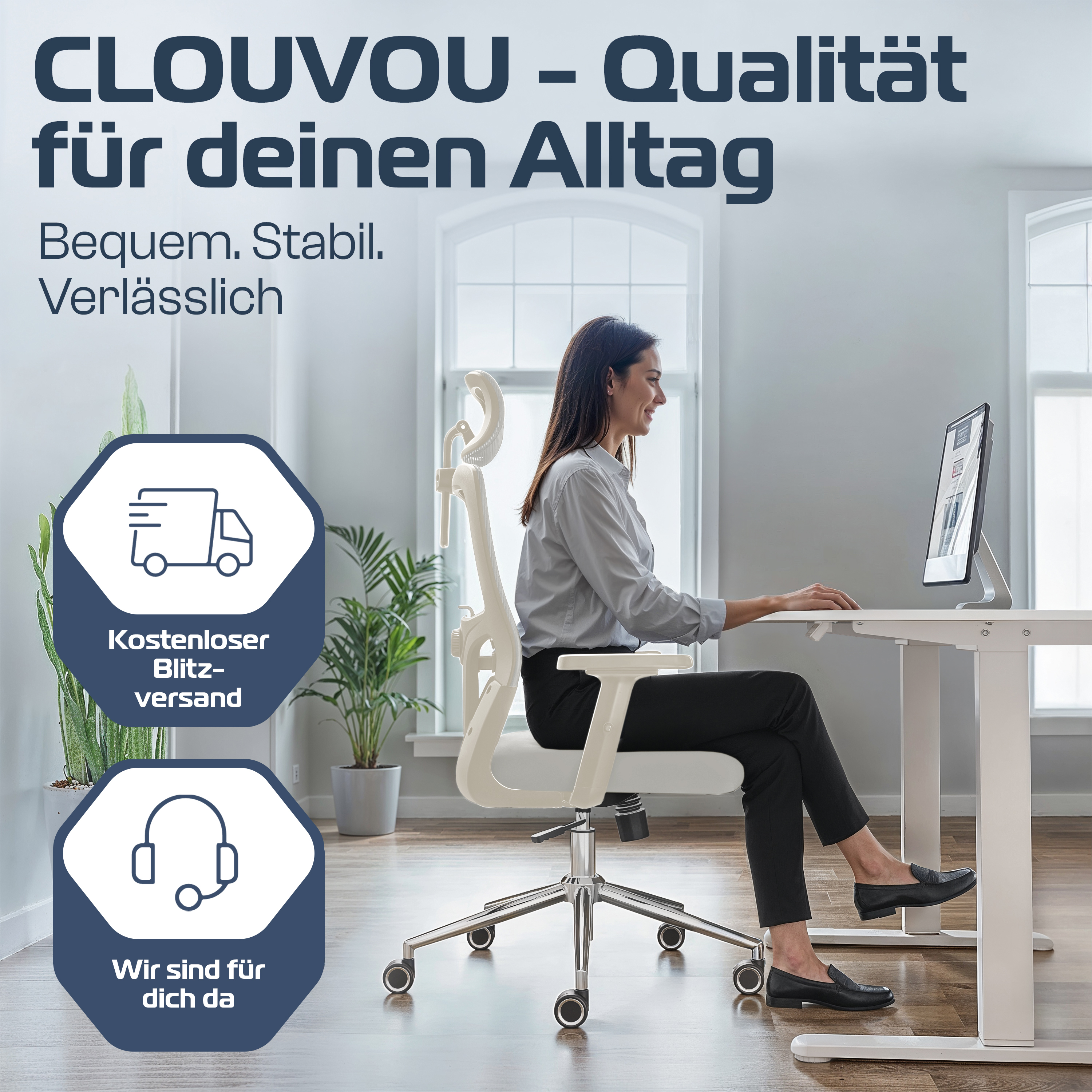 Eine Frau arbeitet an einem Computer in einem weißen Büro. Text auf dem Bild: Qualität für Ihren Alltag.