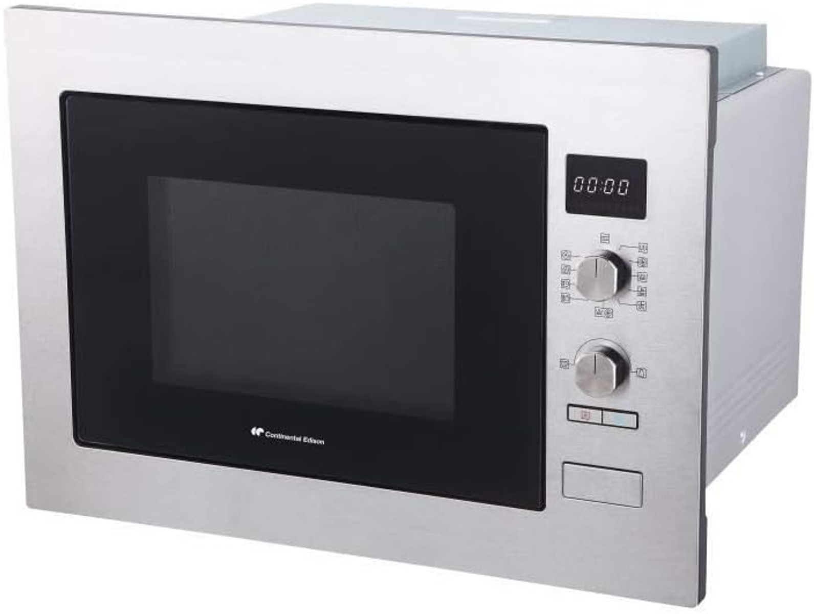 Un microondas de acero inoxidable con puerta negra. Tiene perillas de control y una pantalla digital que muestra 00:00.