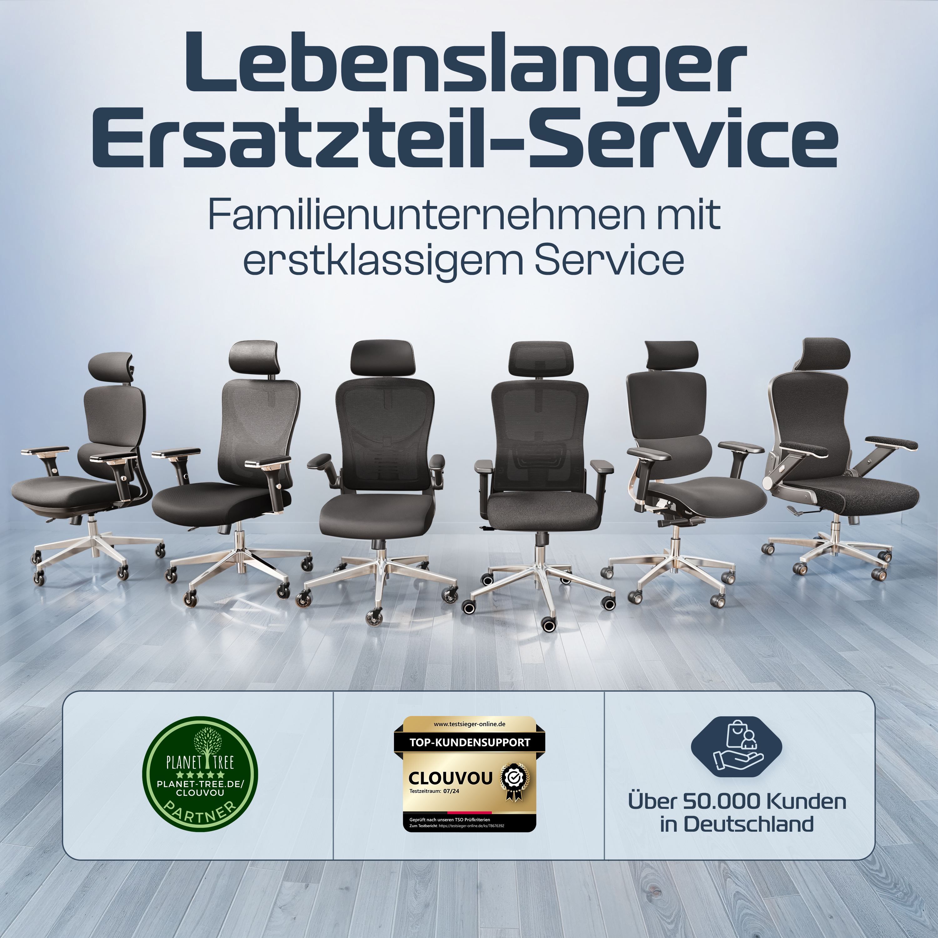 Das Bild zeigt sechs schwarze Bürostühle. Text sagt 'Lebenslanger Ersatzteil-Service' und 'Top-Kundensupport'.