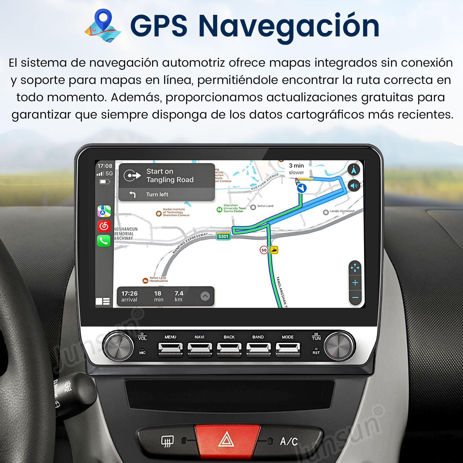 Sistema de navegación GPS del coche que muestra un mapa con guía de ruta y botones de control.