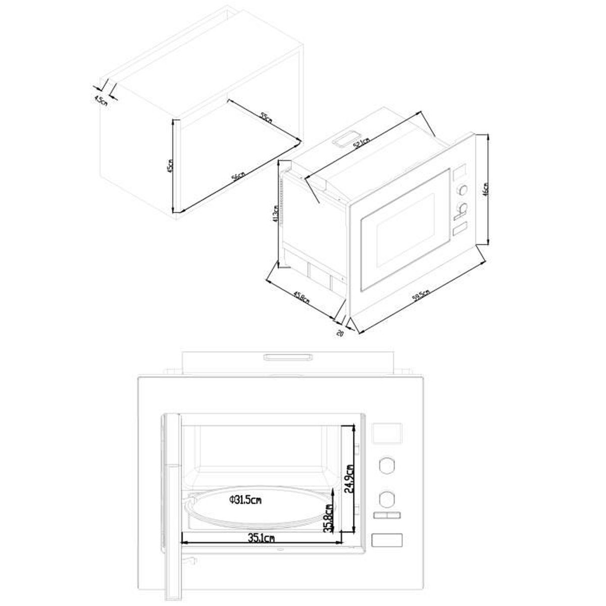 Diagrama de un horno microondas con dimensiones. Muestra vistas frontal, superior y lateral, incluyendo las dimensiones del horno.