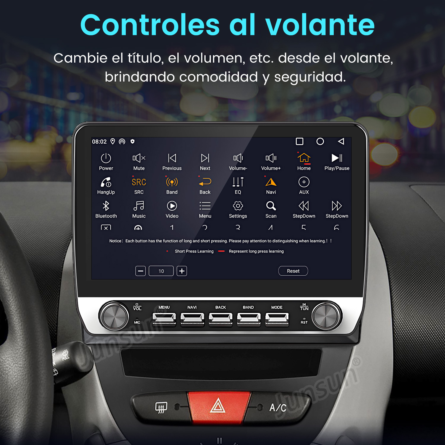 Panel del coche que muestra una pantalla con controles de volumen, música y navegación. Botones visibles con varios símbolos.