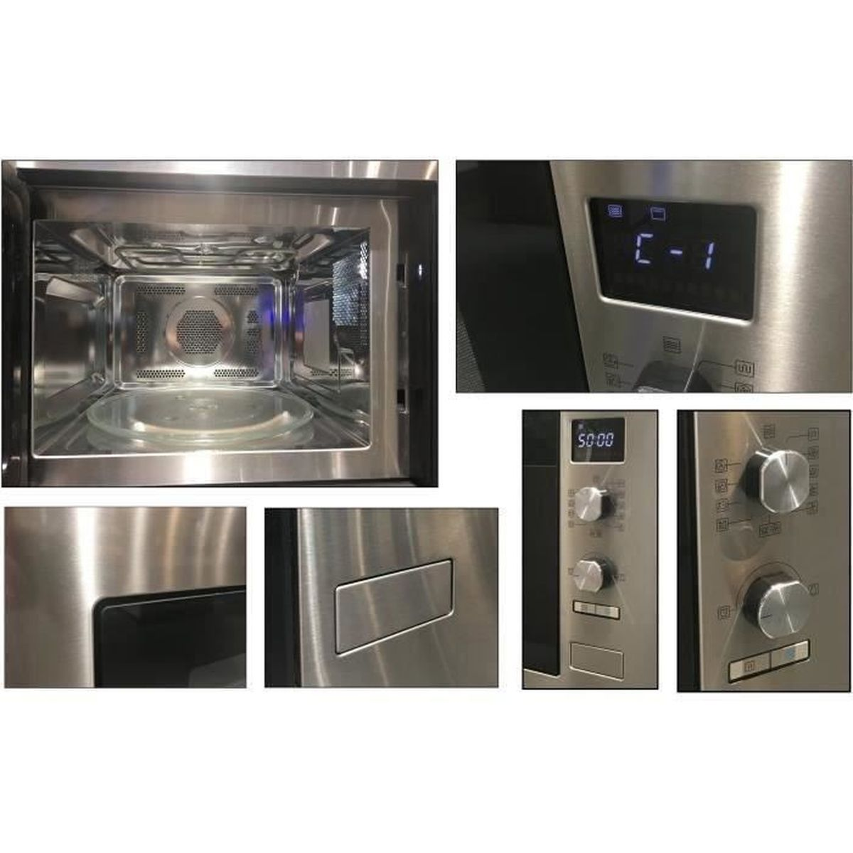Primer plano de un horno microondas. Mostrando el interior, panel de control con pantalla digital y mandos, y detalles de la puerta.