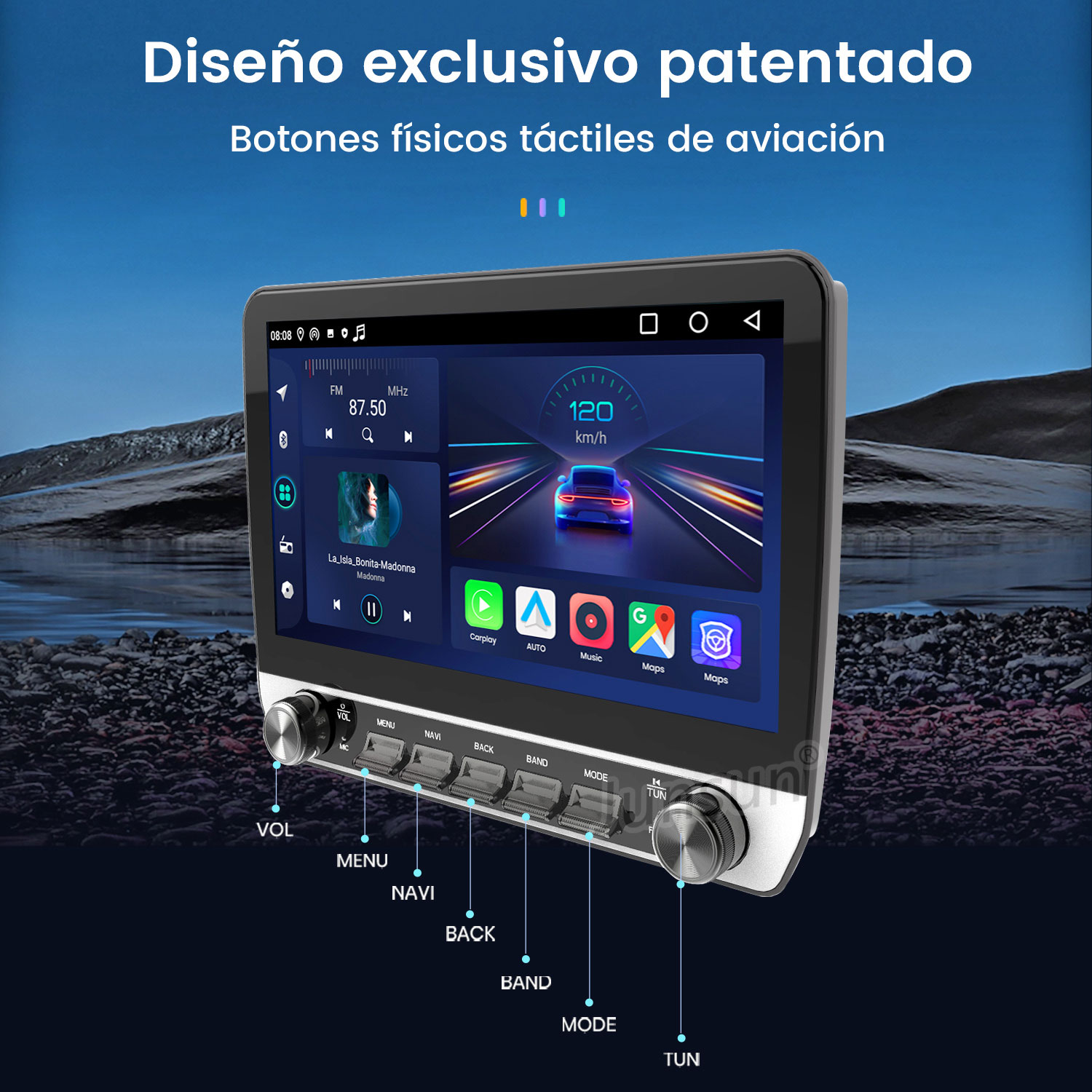 Pantalla de estéreo de coche mostrando música, velocidad e iconos de aplicaciones. Botones físicos para volumen, menú, navegación y más.