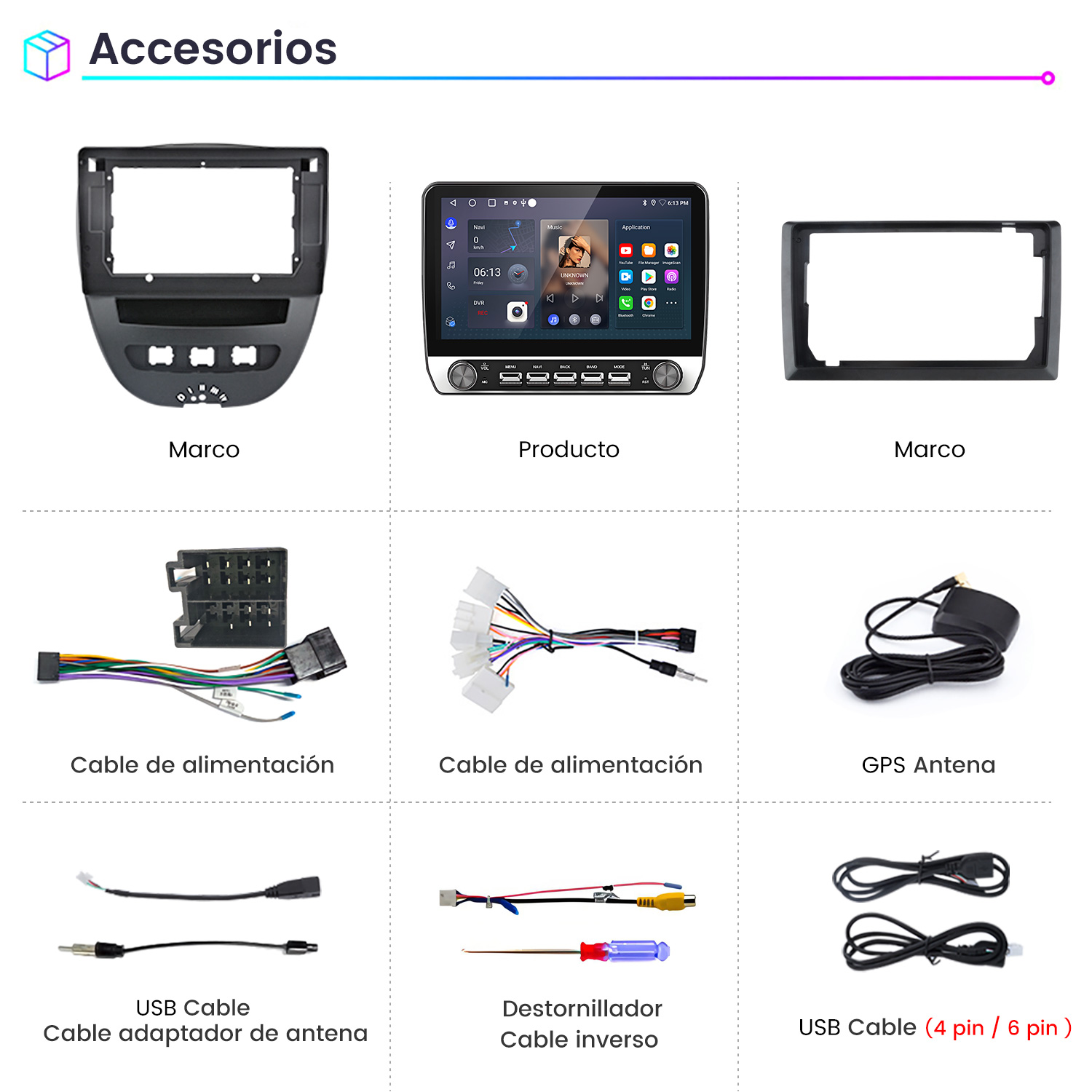 La imagen muestra accesorios para automóvil: marcos, un producto con pantalla, cables, antena GPS y un destornillador.