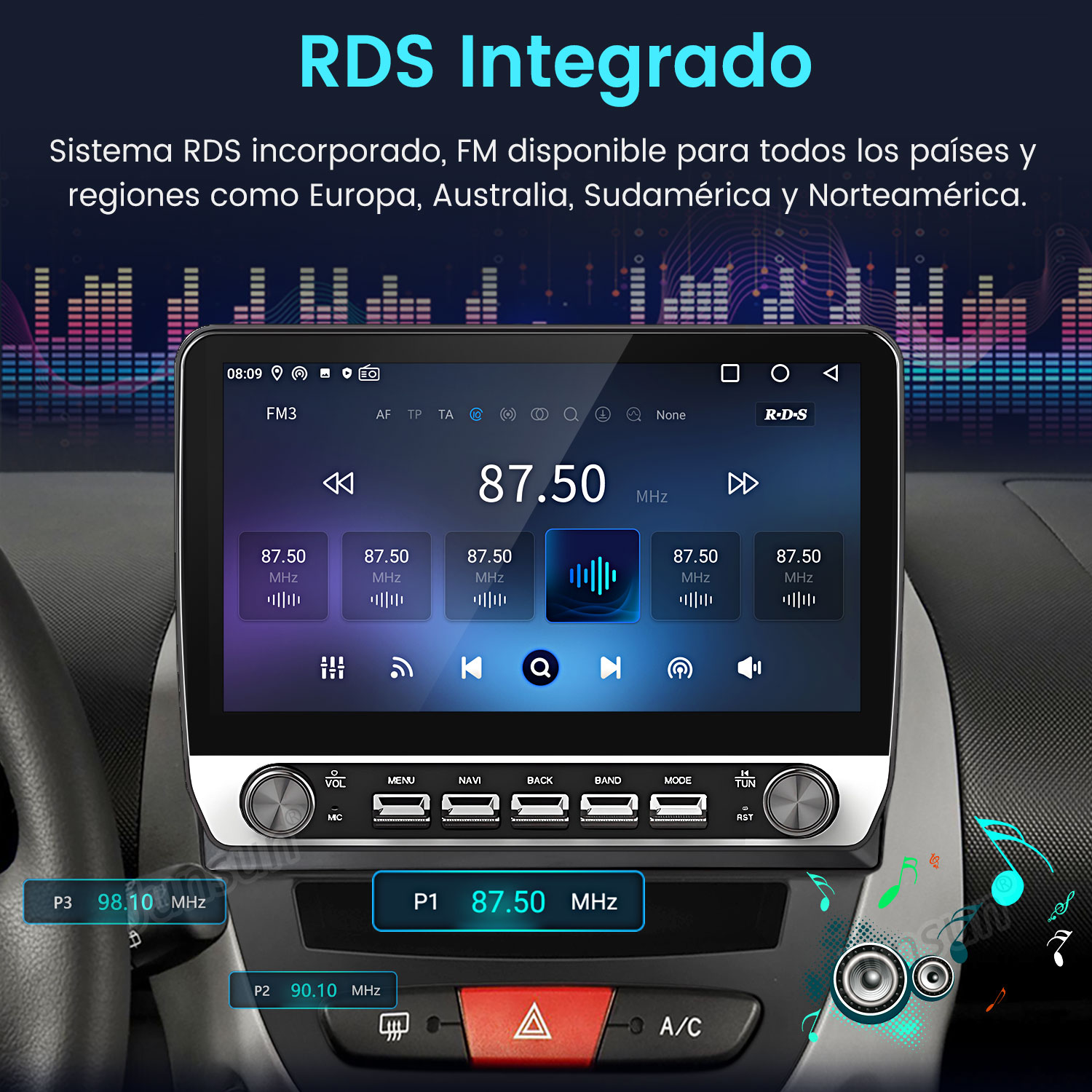 Radio de coche mostrando 87.50 MHz. Controles: volumen, menú, navegación y sintonización, con ecualizador gráfico de fondo.
