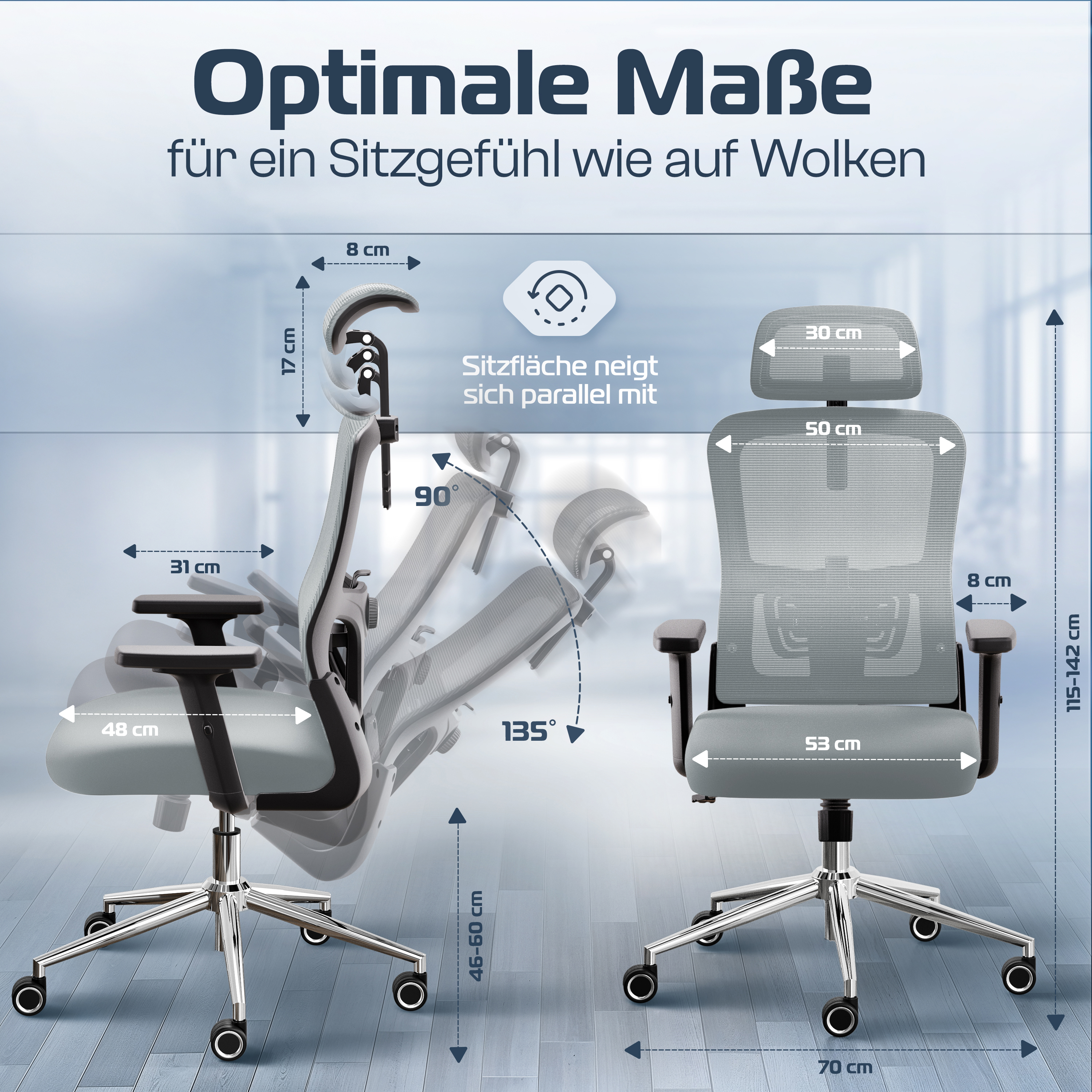 Ein Bürostuhl mit Maßangaben. Gezeigte Maße umfassen Höhe, Breite und Einstellwinkel.