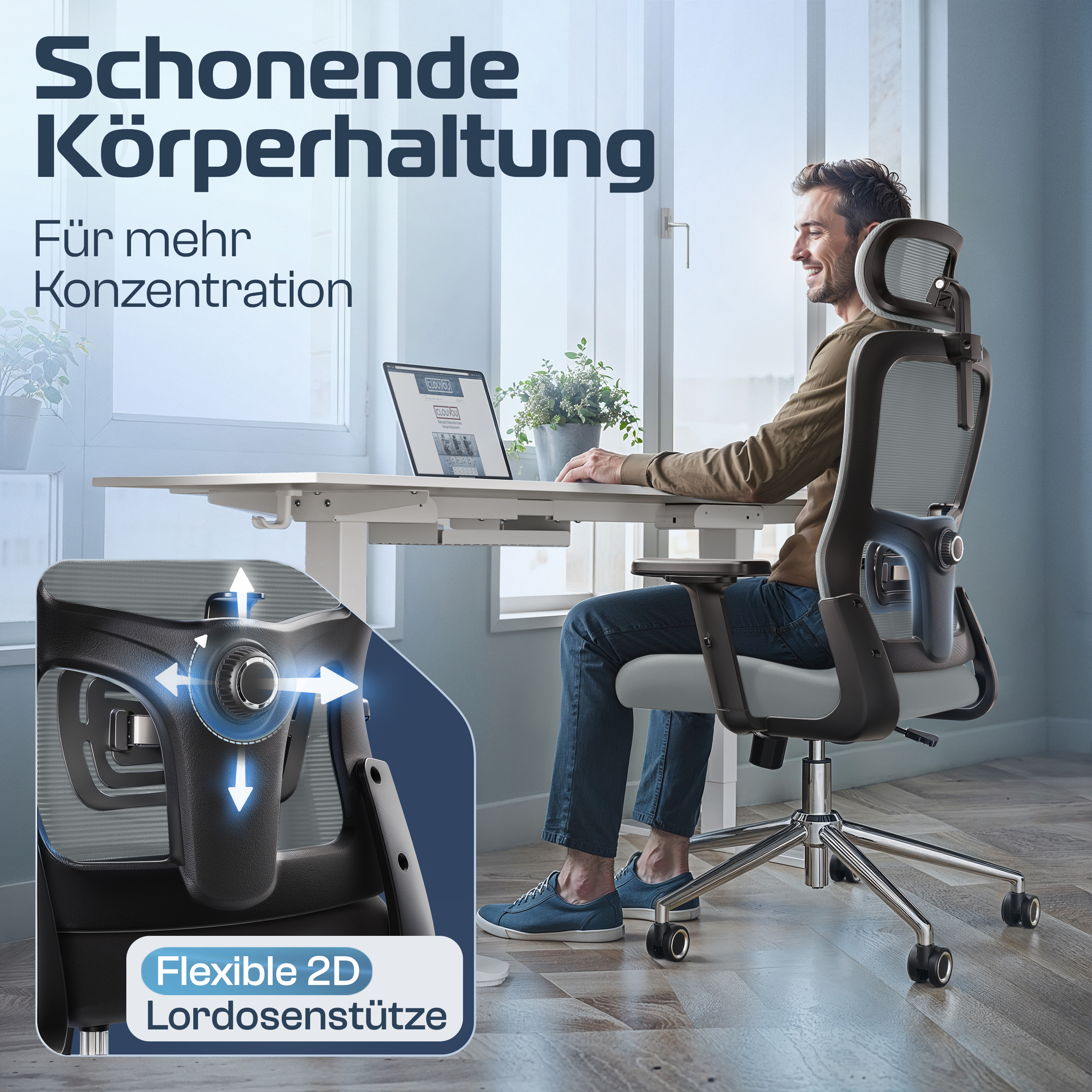Ein Mann sitzt an einem Schreibtisch mit Laptop. Die Merkmale eines Stuhls werden gezeigt.
