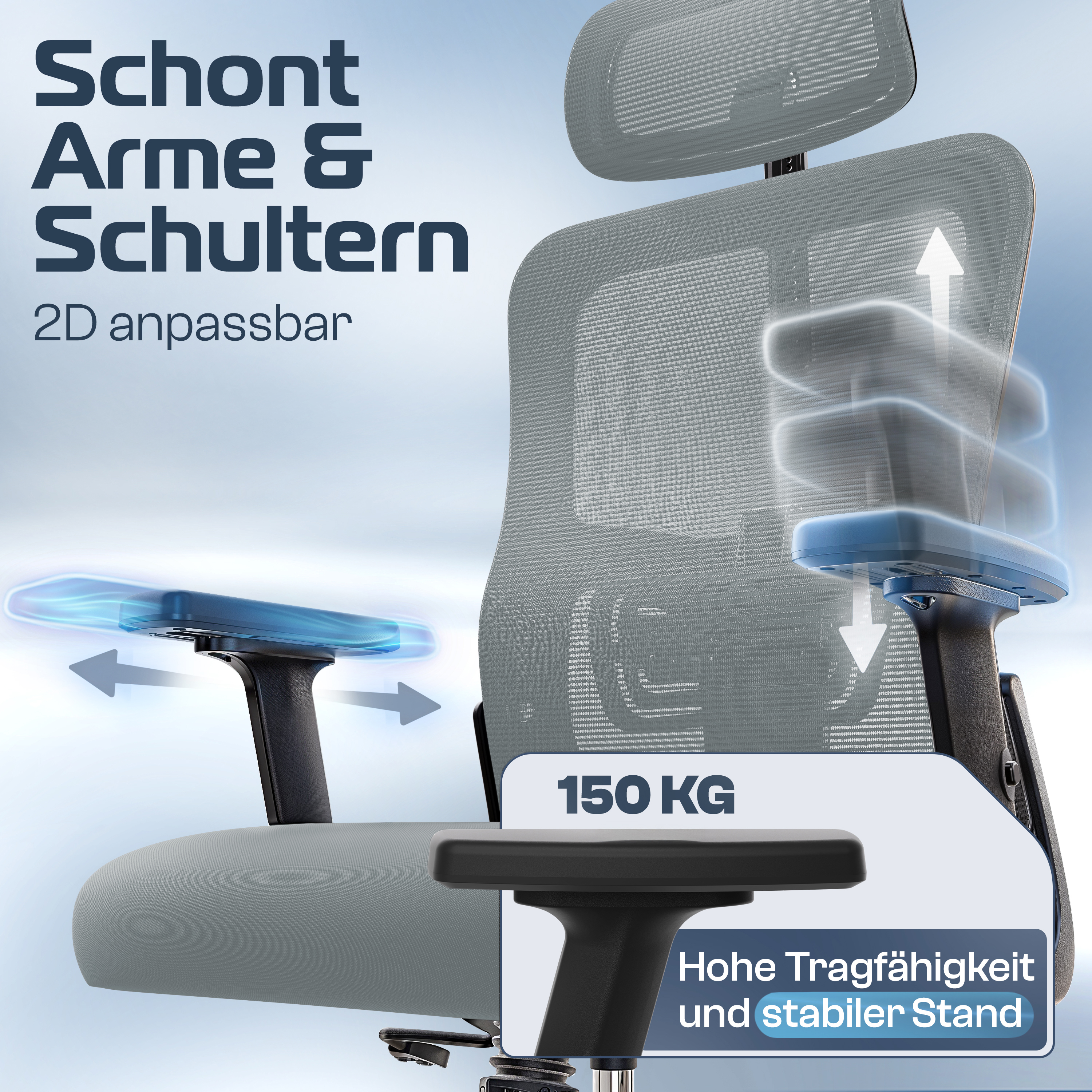 Ein Bürostuhl mit verstellbaren Armlehnen. Auf dem Stuhl steht: 'Schont Arme & Schultern' und '150 KG'.