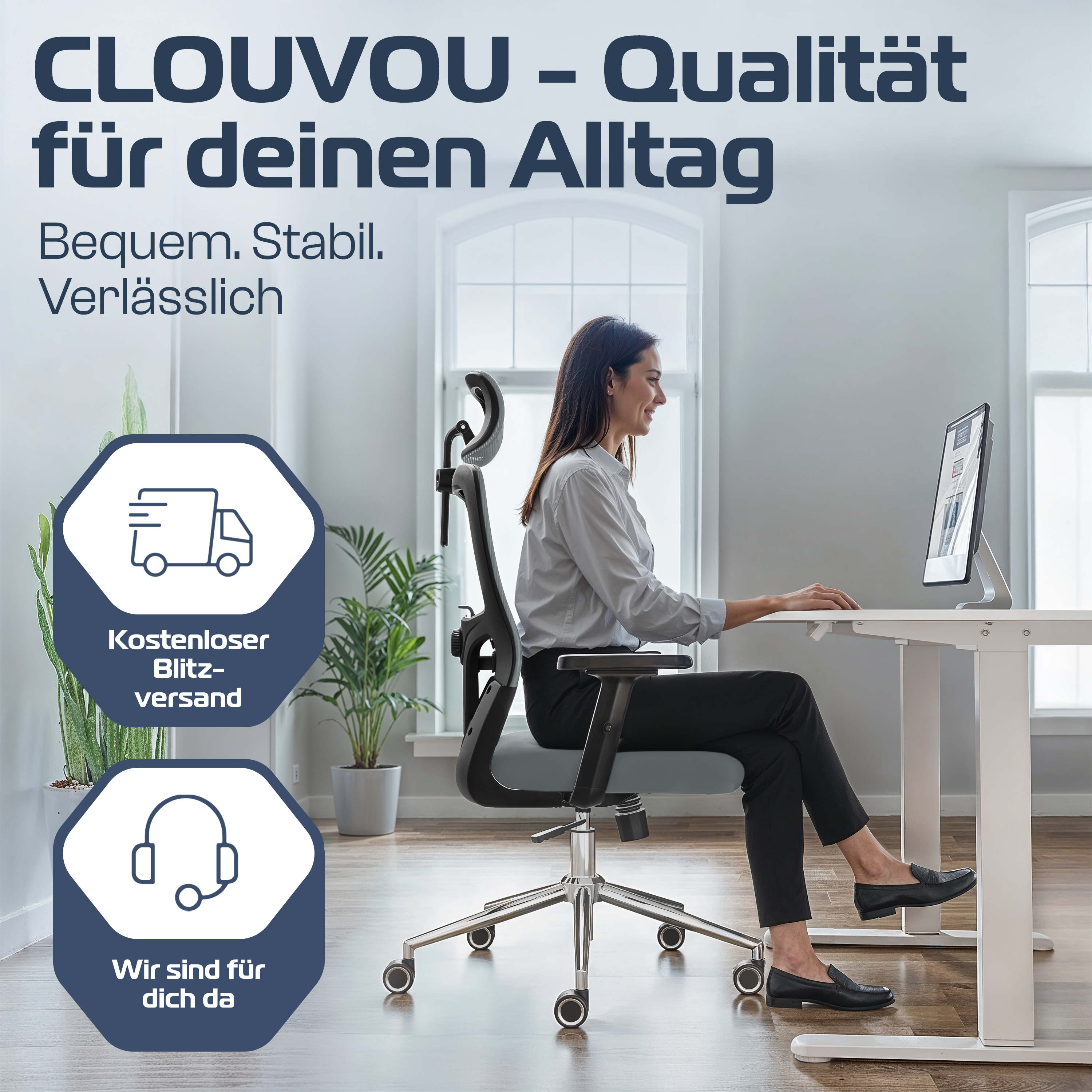 Eine Frau sitzt an einem Schreibtisch und benutzt einen Computer. Der Hintergrund hat Text und Symbole. Der Stuhl ist schwarz und der Schreibtisch weiß.