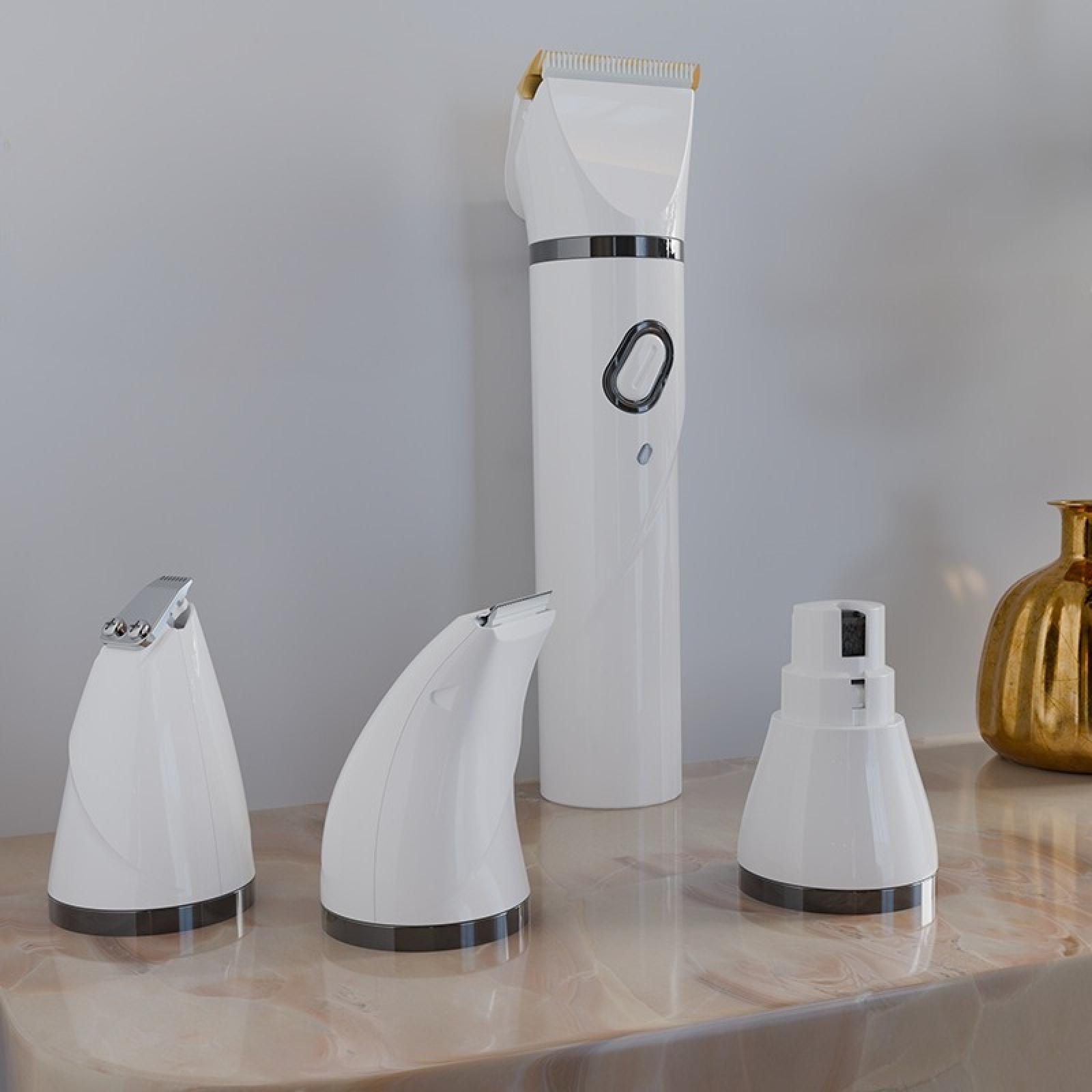 Weiße Pflegeutensilien auf Marmoroberfläche. Enthält Clipper, Aufsätze und eine goldene Vase vor grauer Wand.