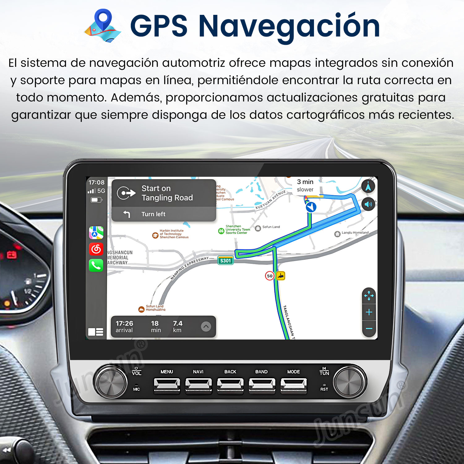 La pantalla del sistema de navegación del coche muestra un mapa con indicaciones de ruta. Debajo de la pantalla se ven botones y mandos.
