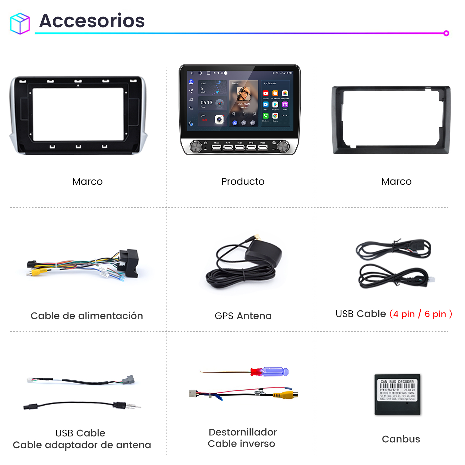 La imagen muestra accesorios para automóviles: marcos, un producto, cables, antena, cables USB, destornillador y un decodificador canbus.