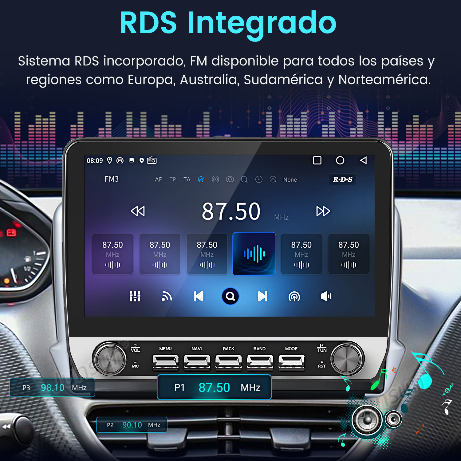 Pantalla de radio del coche que muestra 87.50 MHz. Son visibles los botones de menú, navegación y volumen. El fondo muestra un interior de coche.