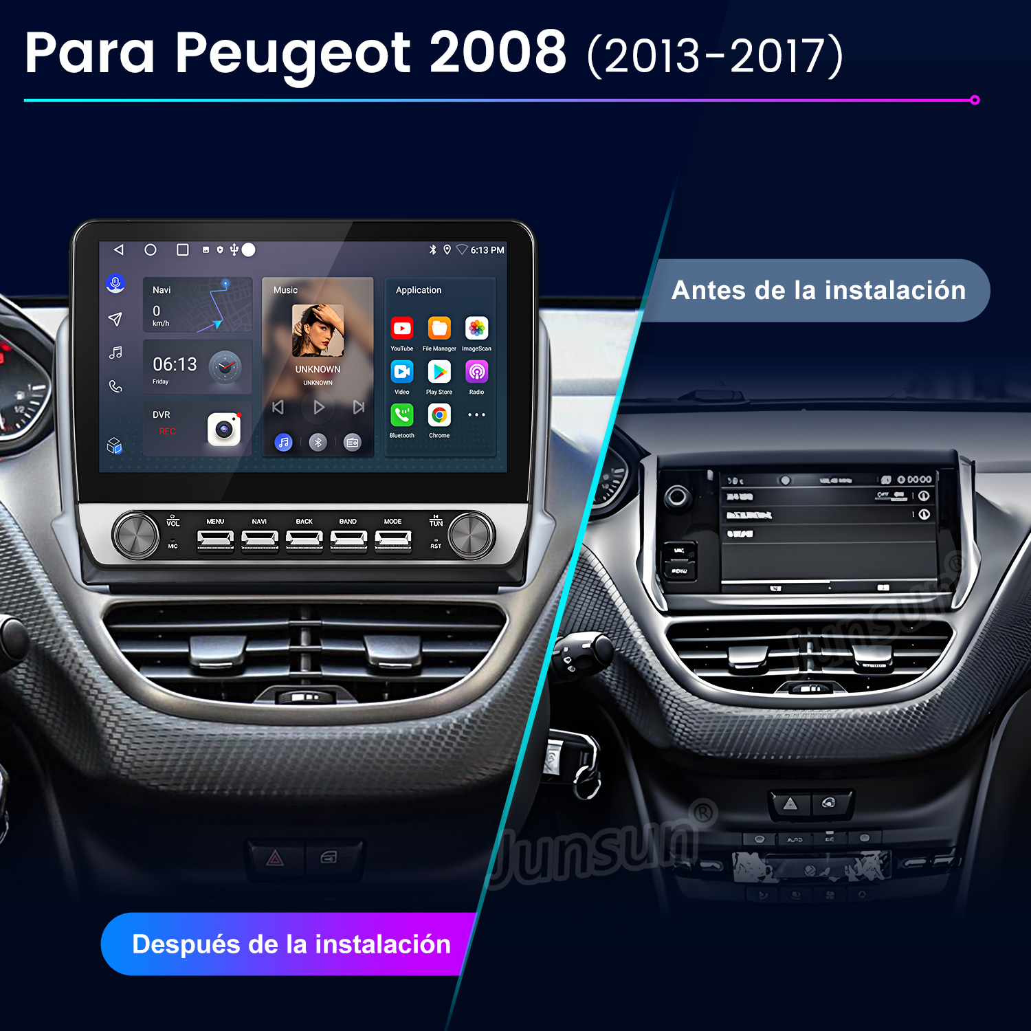 Comparación del salpicadero del coche. La izquierda muestra una pantalla nueva con aplicaciones. La derecha muestra la radio antigua. Texto: Para Peugeot 2008.