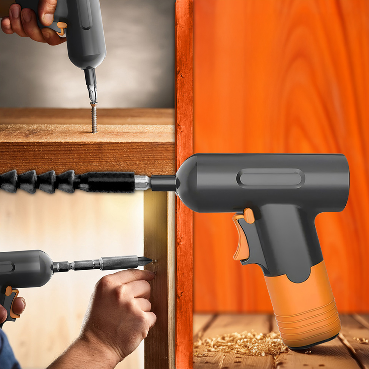 Un trapano nero e arancione viene utilizzato per avvitare nel legno. I primi piani mostrano il processo. Trucioli di legno sono sulla superficie di legno.