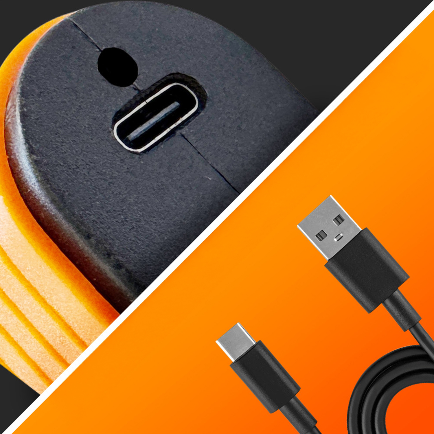 Primo piano di un dispositivo nero con porta USB-C, cavo USB con connettore USB-A e USB-C, angolato su sfondo arancione e nero.