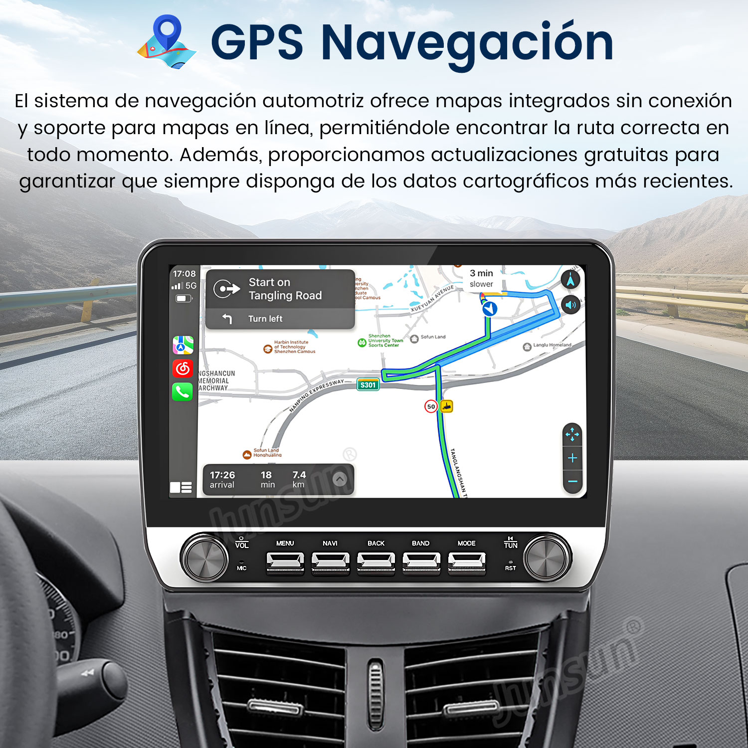 Sistema de navegación GPS para coche. Muestra un mapa con indicaciones. La hora se muestra en la pantalla. Los botones son visibles debajo de la pantalla.