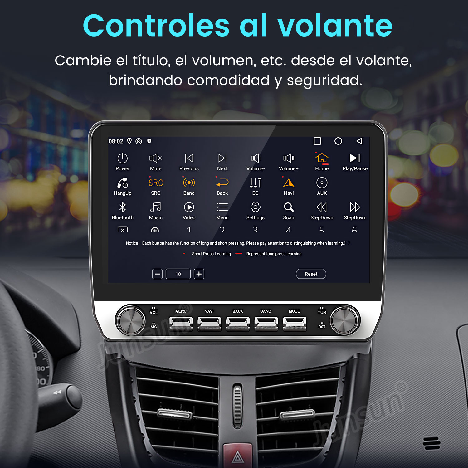 Autoradio con pantalla táctil. Muestra controles de volumen, música y navegación. Texto en español, con interior del coche.