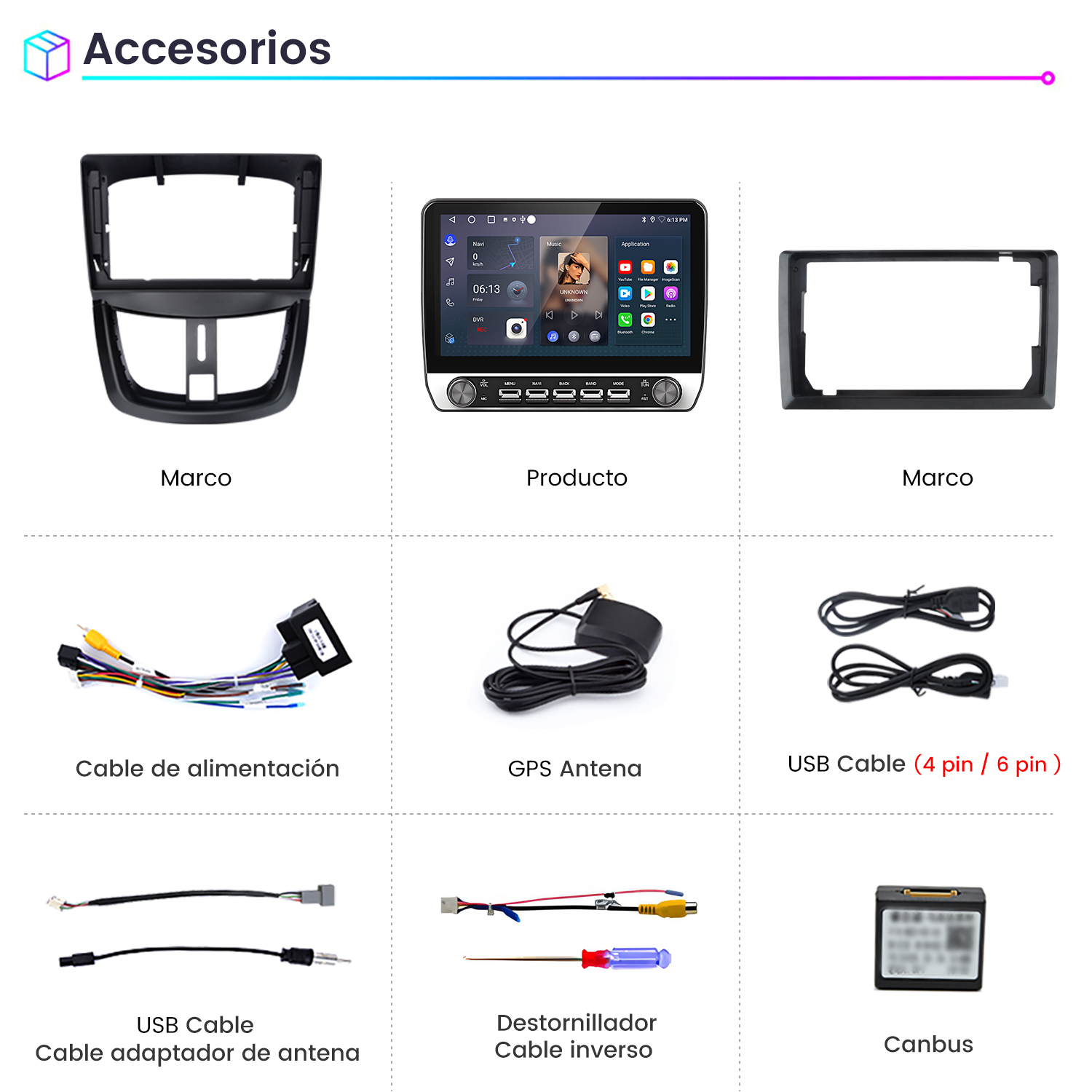 Imagen muestra accesorios para automóvil: marcos, pantalla de producto con aplicaciones, varios cables, antena GPS, destornillador y un módulo Canbus.