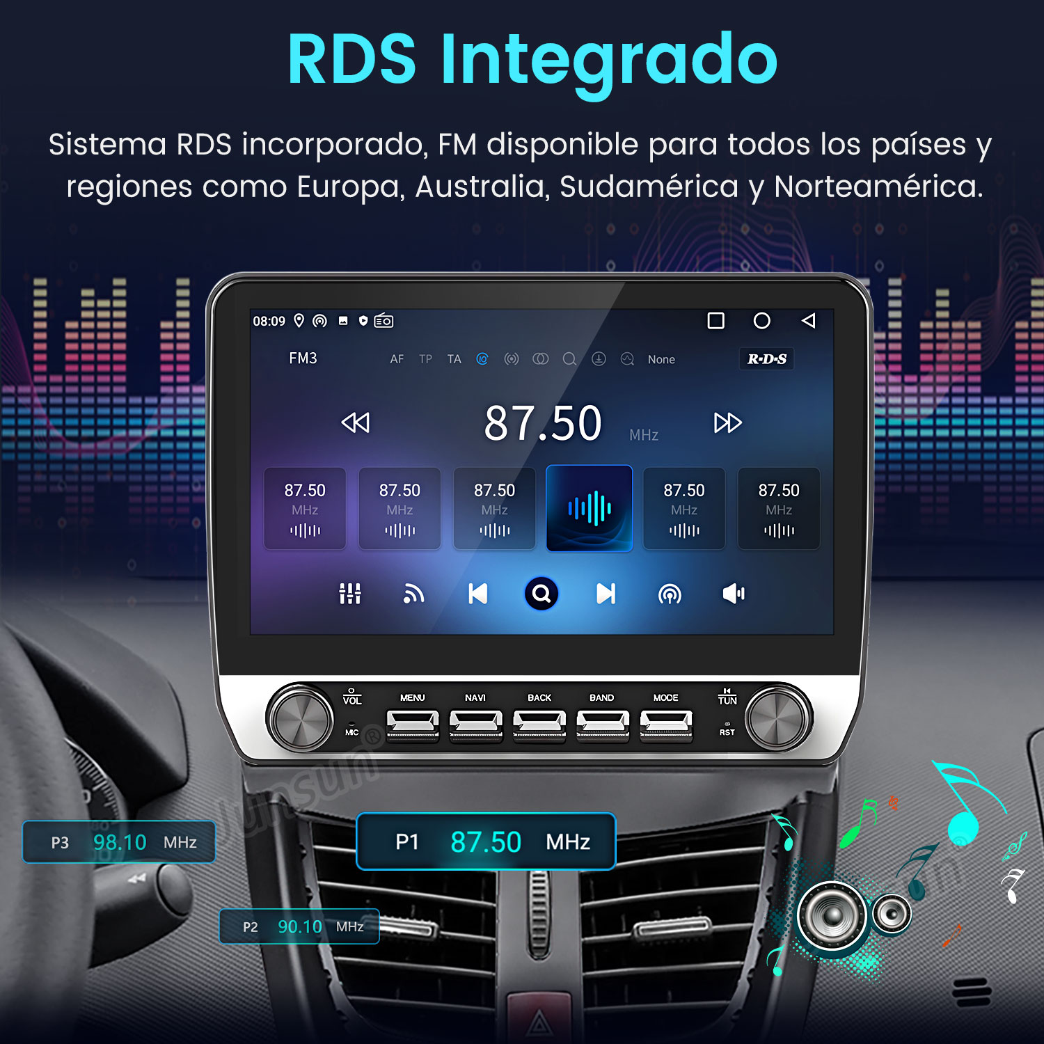 Pantalla de radio de coche mostrando frecuencias FM y el logo RDS. Botones y perillas debajo de la pantalla. Salpicadero e interior del coche visibles.