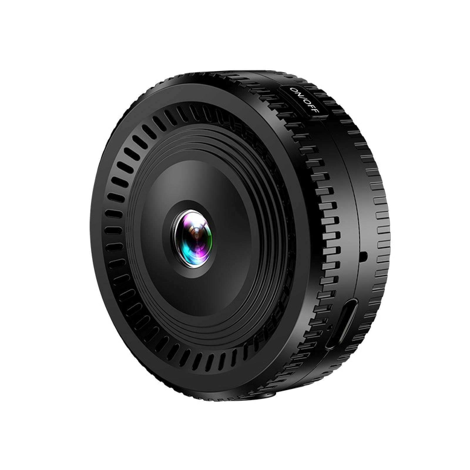 Eine schwarze, kompakte Kamera mit einem 'ON/OFF'-Schalter. Das Objektiv reflektiert verschiedene Farben. Der Hintergrund ist weiß.