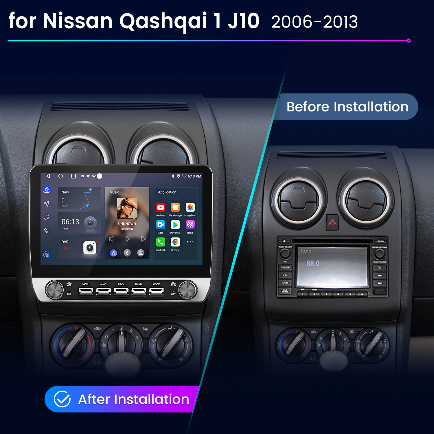 Imagen muestra el salpicadero del coche antes y después de la instalación de la radio, con una nueva pantalla digital.
