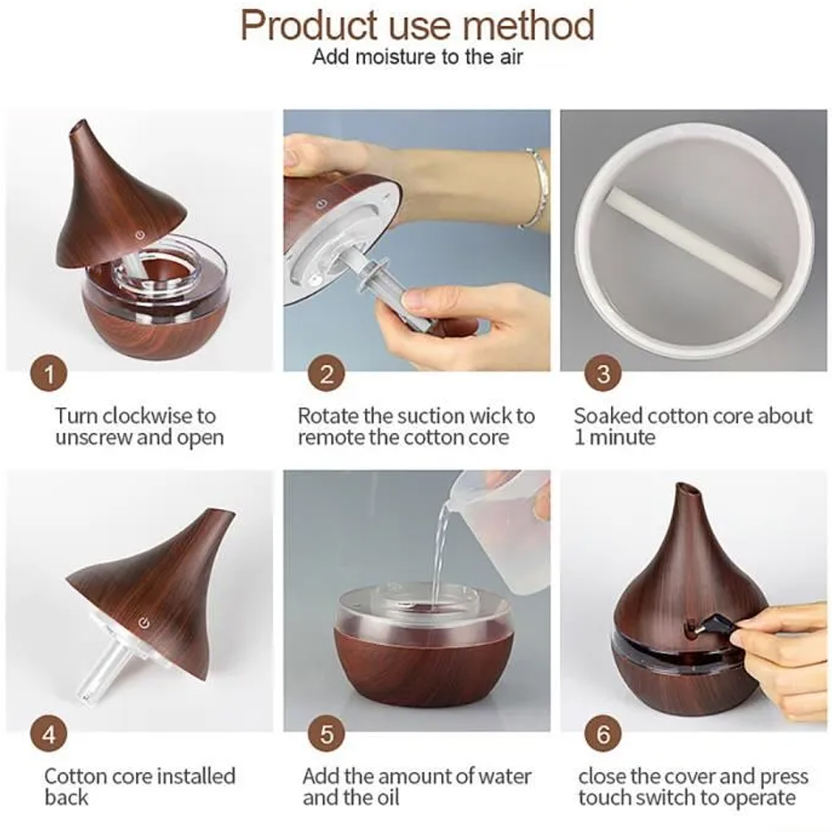 Anleitung zur Verwendung eines ätherischen Öl-Diffusors. Schritte umfassen Öffnen, Entfernen des Baumwollkerns, Einweichen, Wasser/Öl hinzufügen und Schließen.
