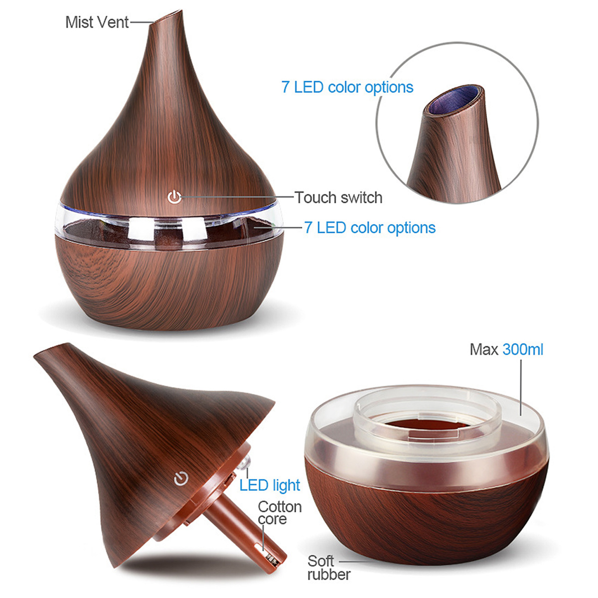 Ein Diffusor für ätherische Öle mit Holzmaserung. Merkmale sind ein Touch-Schalter, 7 LED-Farben und eine Nebelöffnung. Der Tank fasst 300 ml.