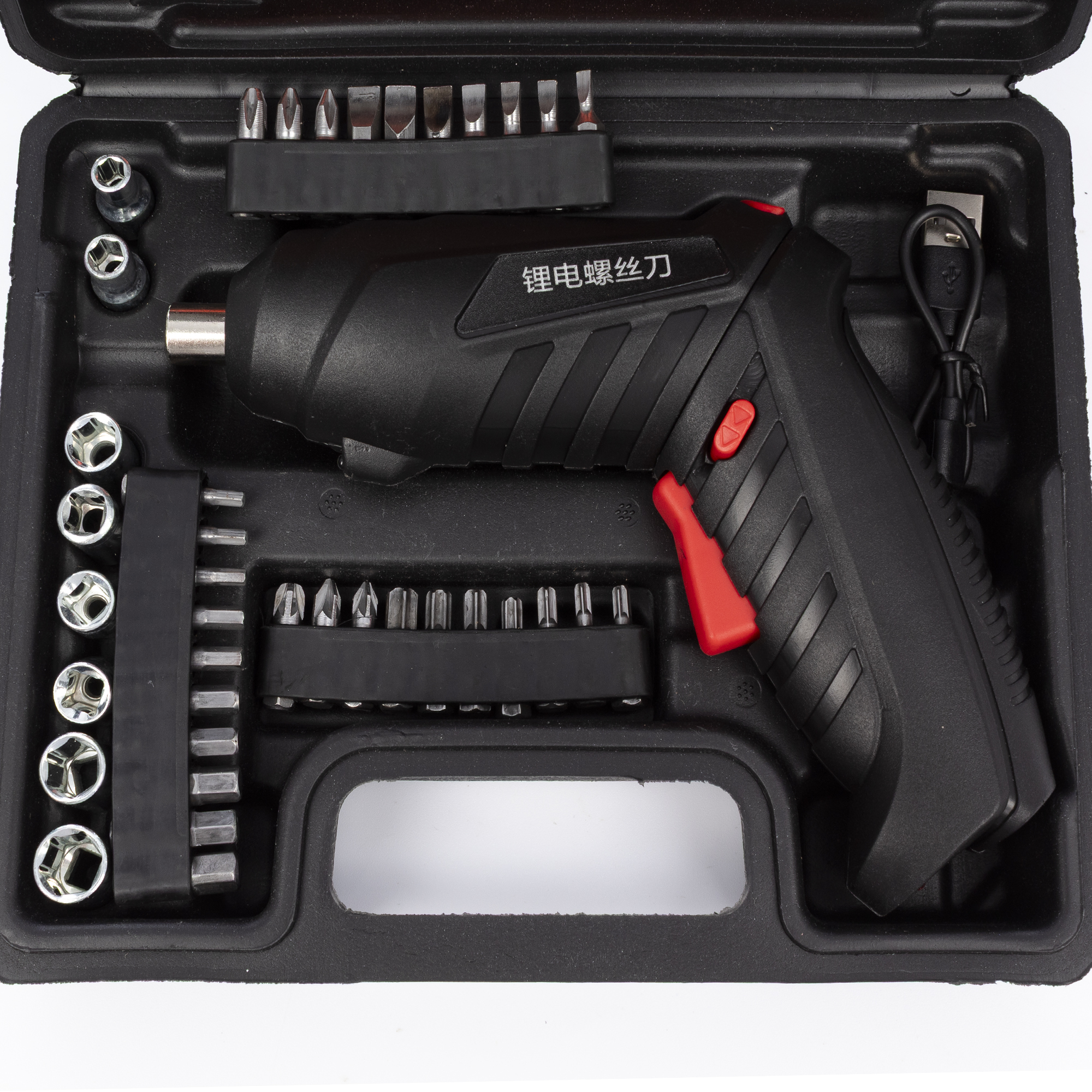 Kit cacciavite elettrico nero con varie punte e accessori, in una custodia nera, isolato su sfondo bianco.
