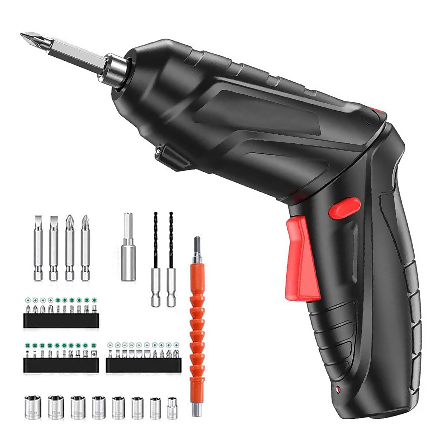 Set di cacciavite a batteria nero e rosso con varie punte e accessori. Include più teste a vite e un'estensione flessibile.