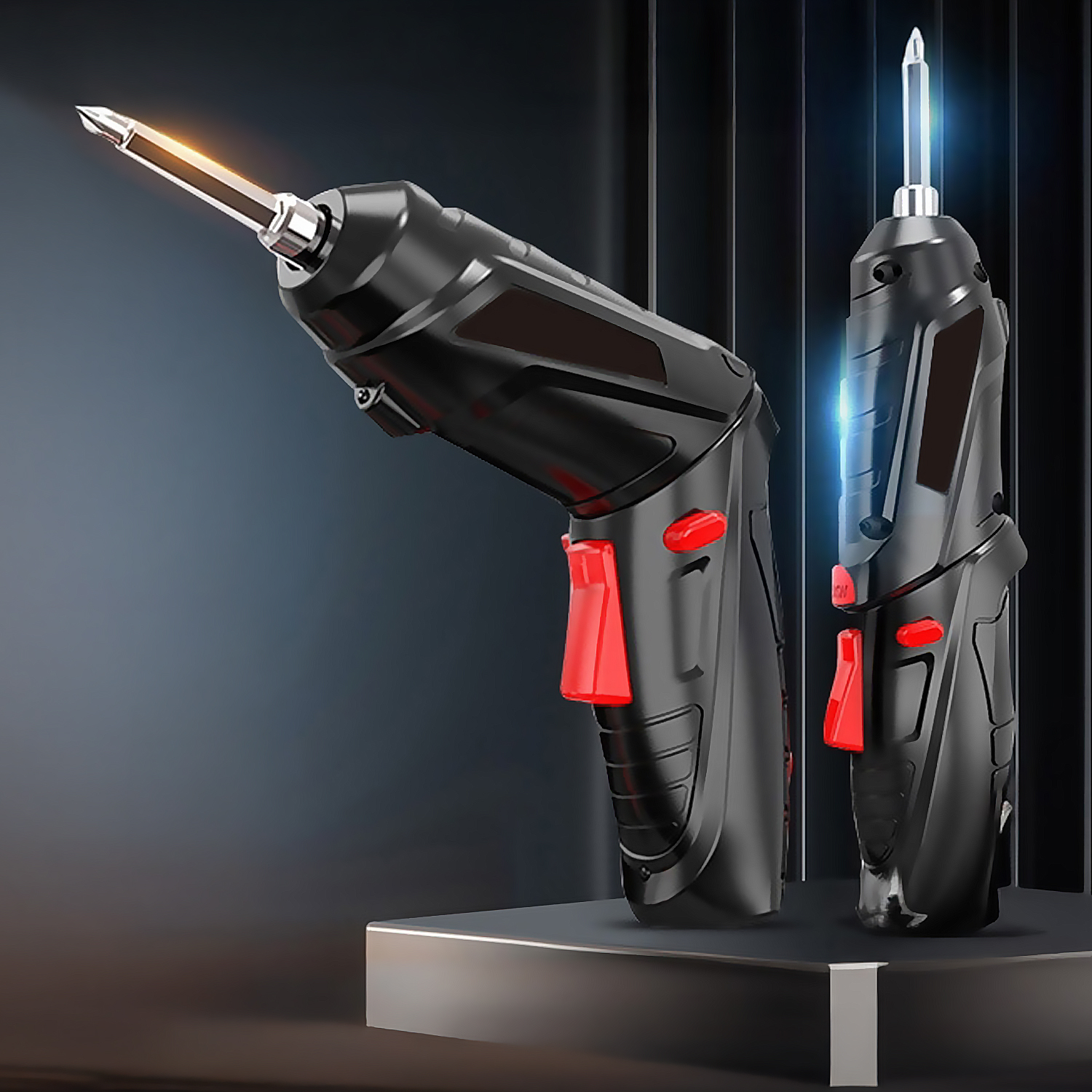 Due cacciaviti cordless neri e rossi su una superficie grigia, su sfondo scuro.