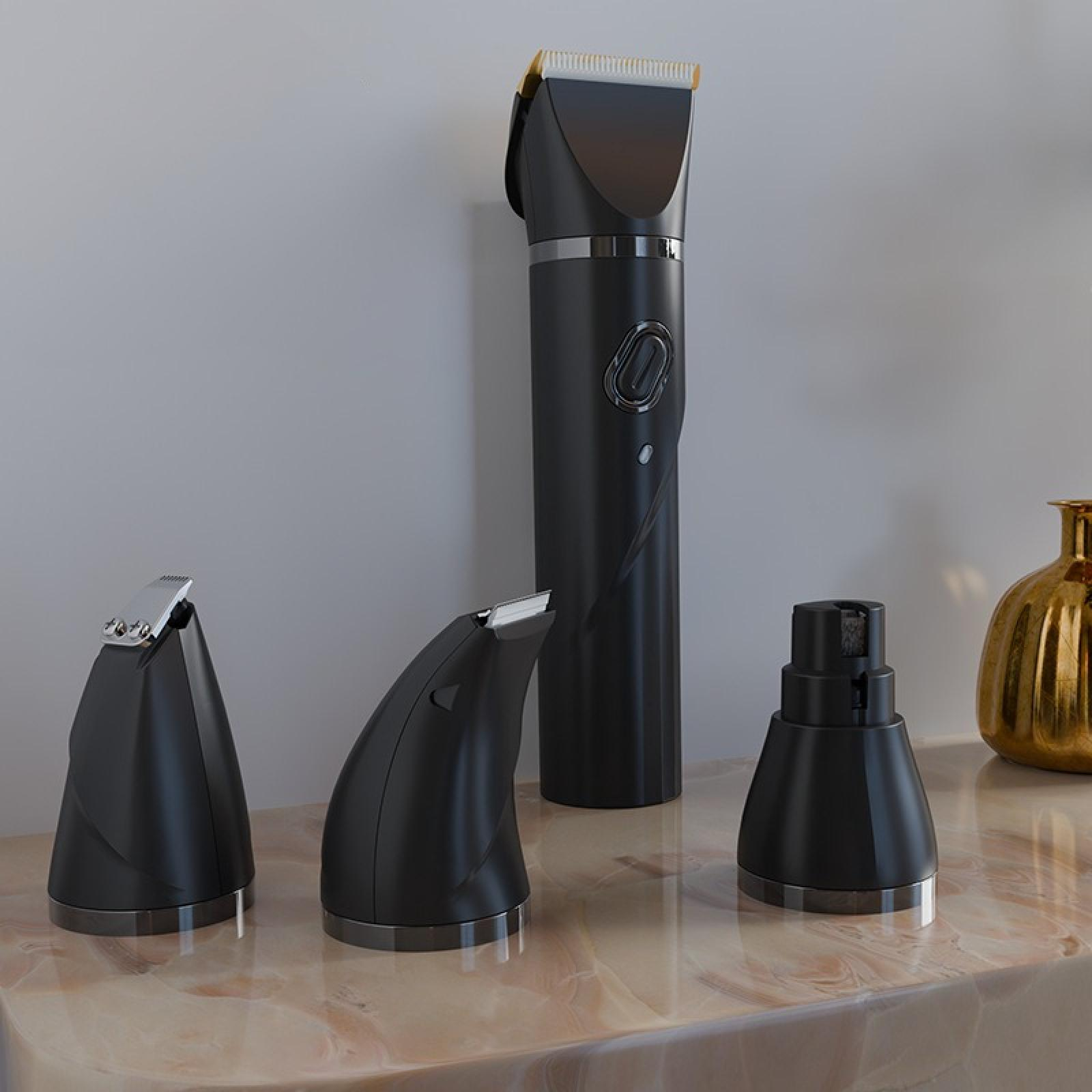 Schwarze Haarschneidemaschine mit verschiedenen Aufsätzen auf Marmor, eine goldene Vase im Hintergrund.