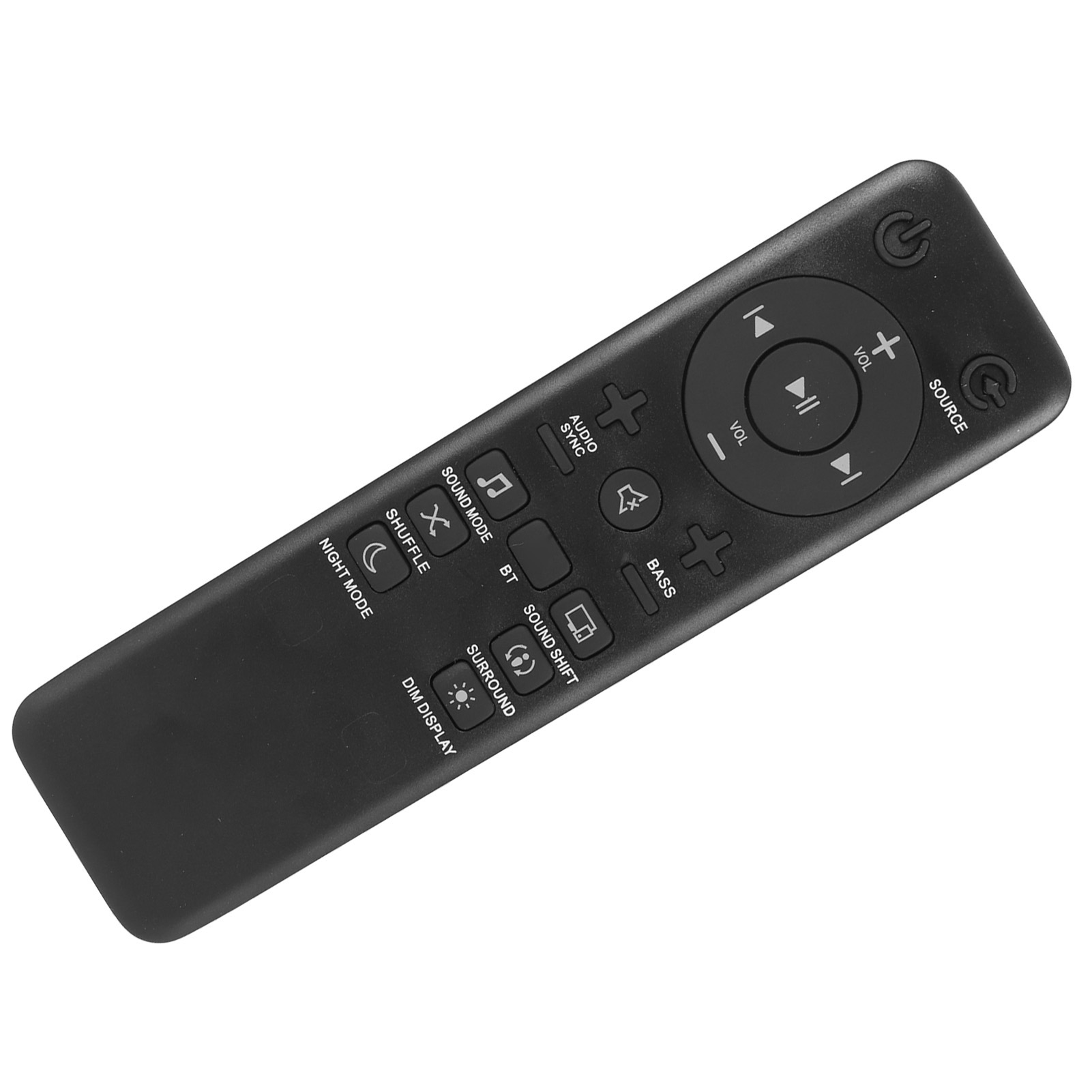 Schwarze Fernbedienung mit verschiedenen Tasten: Ein/Aus, Lautstärke, Soundmodus, Zufallswiedergabe, Surround und Dimmen. Auf weißem Grund.