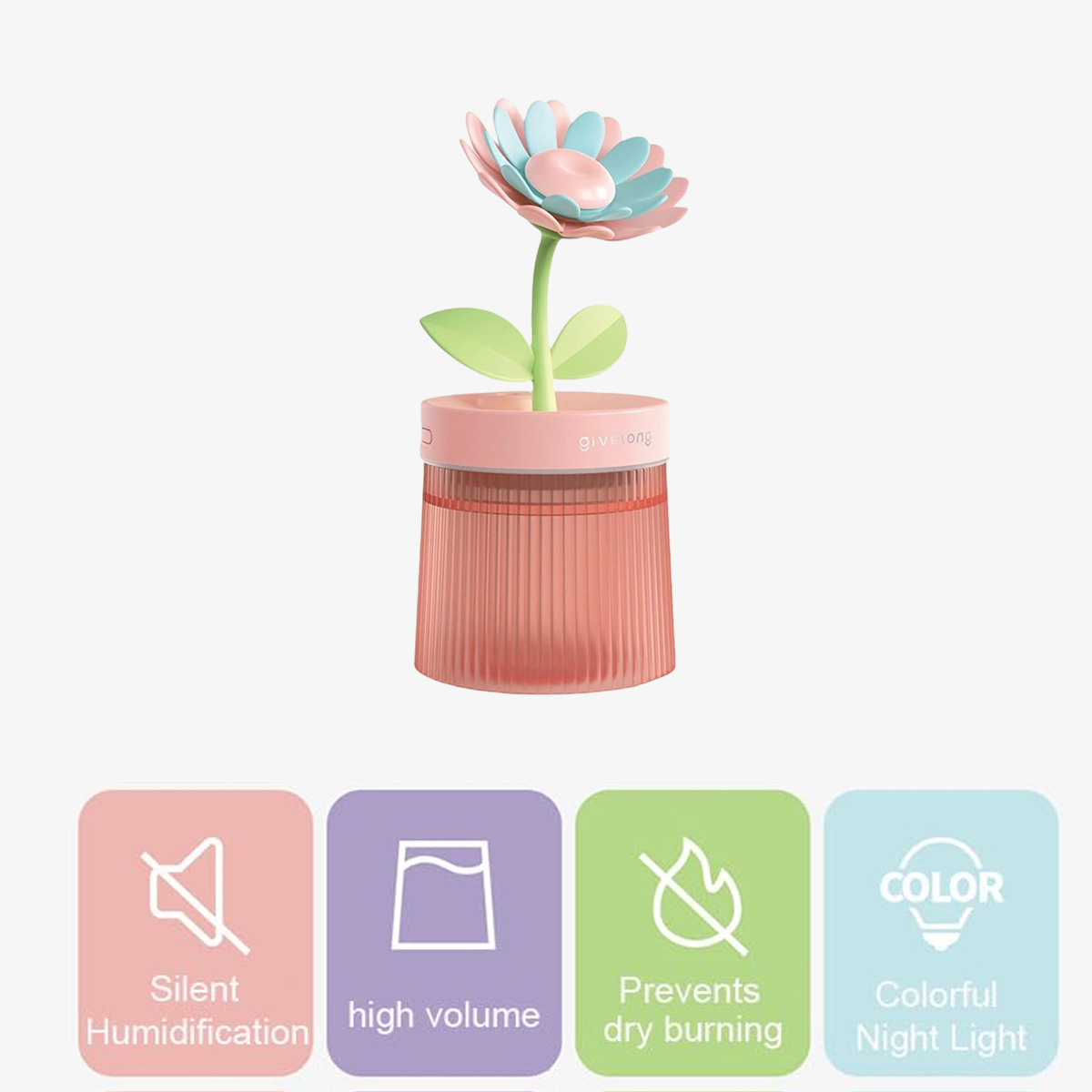 Ein blütenförmiger Luftbefeuchter mit rosa Sockel und bunter Blüte. Er verfügt über Funktionen wie leise Befeuchtung und farbenfrohes Nachtlicht.