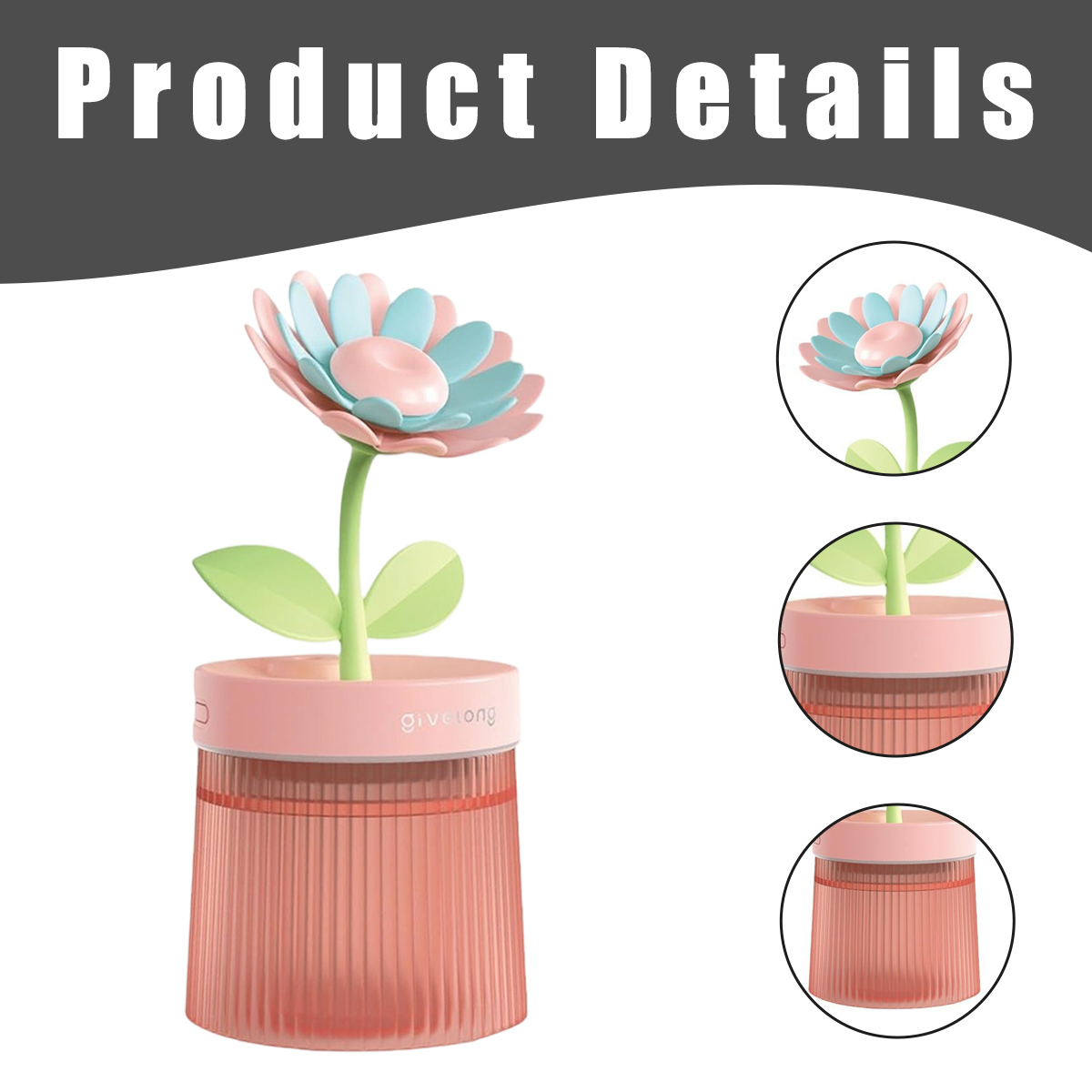 Ein blütenförmiges Nachtlicht. Es hat eine rosa und blaue Blume, einen grünen Stiel und Blätter sowie einen rosa Topf. Produktdetails im Hintergrund.