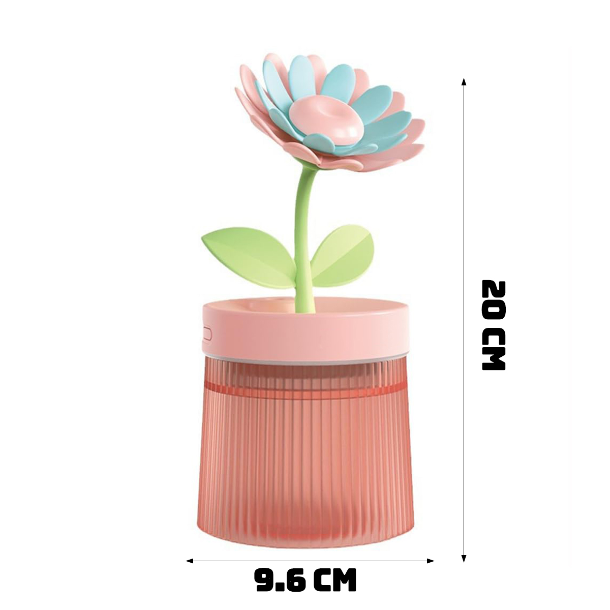 Ein Zahnstocherhalter in Blumenform. Er hat eine rosa Basis, einen grünen Stiel, zwei Blätter und eine Blume mit rosa und blauen Blütenblättern.