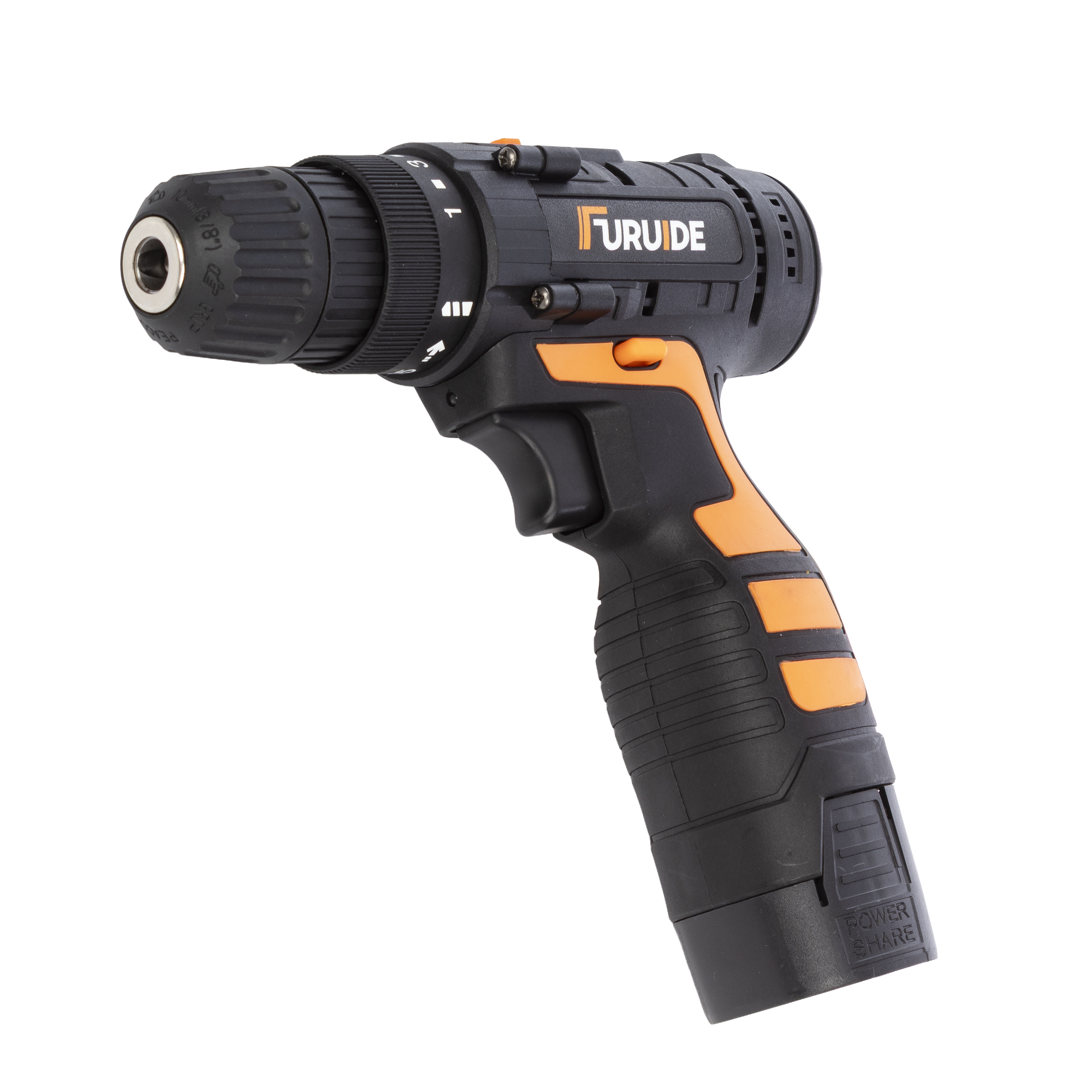 Trapano Furide nero e arancione. Ha un grilletto e un'impugnatura. Lo sfondo è bianco.