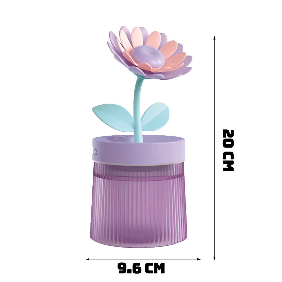 Ein blumenförmiger Behälter. Er hat eine lila Basis, rosa und pfirsichfarbene Blütenblätter und hellblaue Blätter. Maße: 20 cm hoch, 9,6 cm breit.