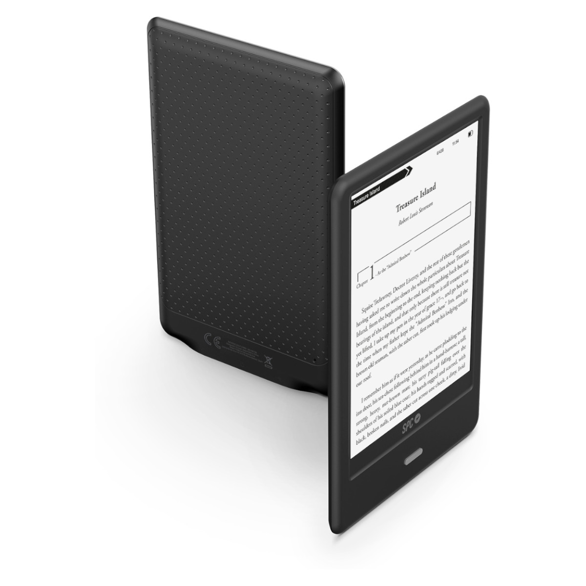 Czarny czytnik e-booków otwarty, pokazujący tekst, z widoczną tylną okładką. Czytnik pokazuje stronę.