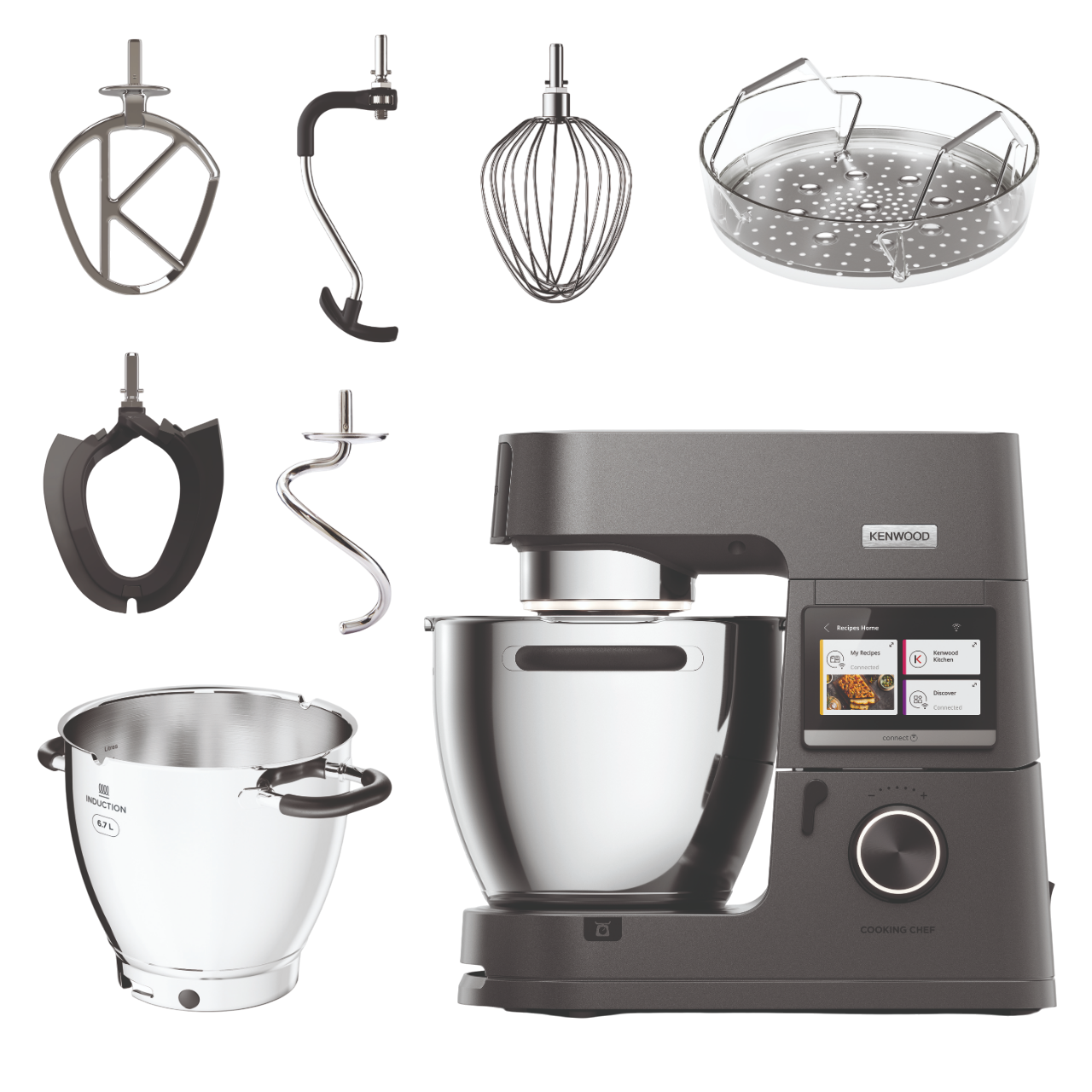 Eine Kenwood Cooking Chef Maschine mit verschiedenen Aufsätzen und einer Rührschüssel, schwarzer Hintergrund, Touchscreen-Display.