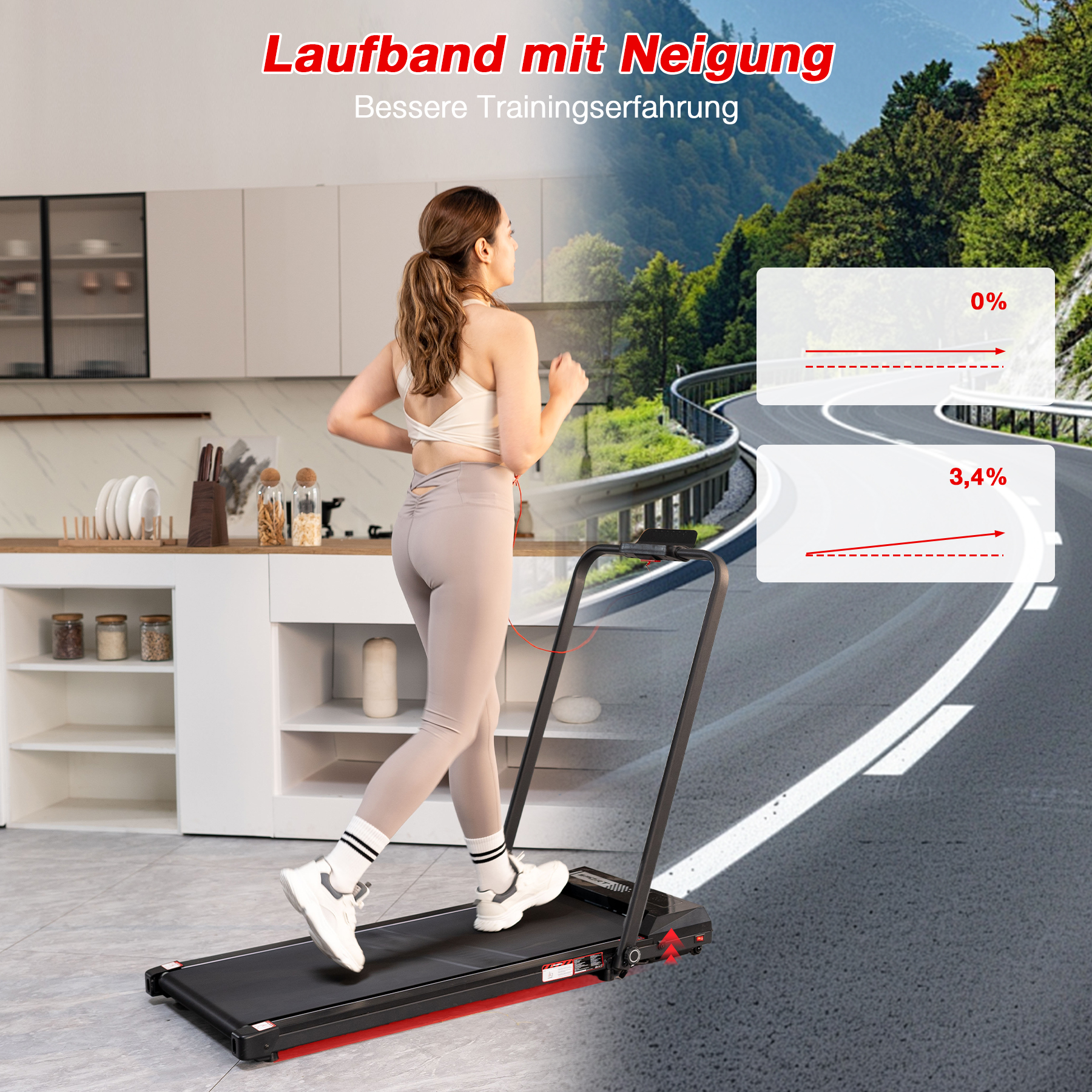 Frau, die auf einem Laufband läuft. Der Hintergrund zeigt eine Küche und eine Straße mit Neigungsdiagrammen.