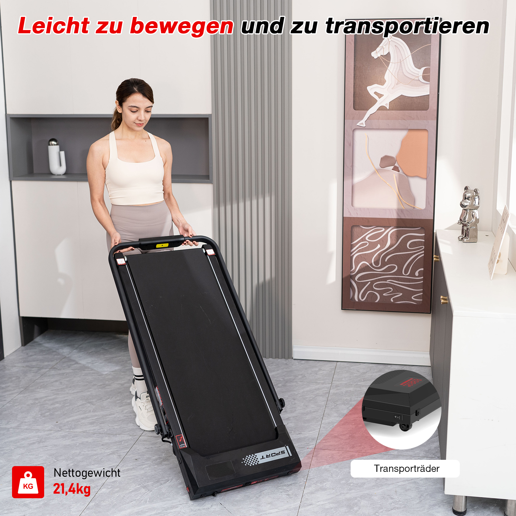 Eine Frau bewegt ein schwarzes Laufband. Das Laufband hat ein rot-weißes Logo. Der Text darauf lautet 'Leicht zu bewegen und zu transportieren'.